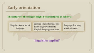 The nature of the subject might be caricatured as follows:
Early orientation
applied linguists made this
knowledge available to
English language teachers
language learning
was improved.
linguists knew about
language
‘linguistics applied’
 