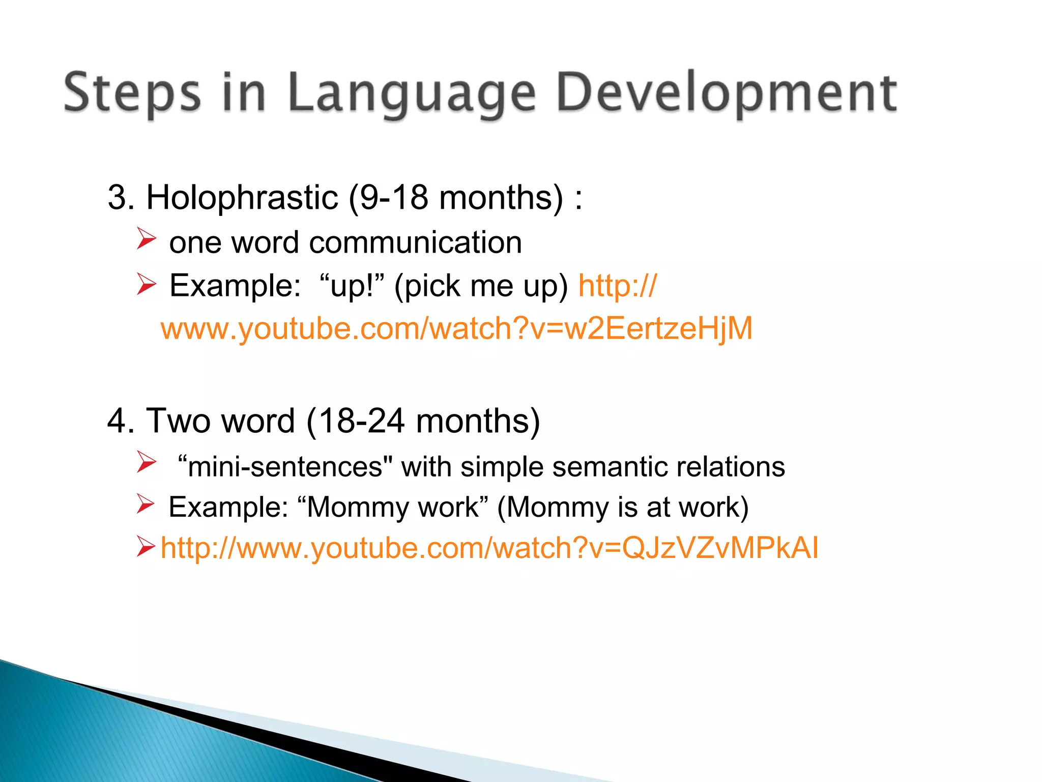 3. Holophrastic (9-18 months) :
 one word communication
 Example: “up!” (pick me up) http://
www.youtube.com/watch?v=w2EertzeHjM
4. Two word (18-24 months)
 “mini-sentences" with simple semantic relations
 Example: “Mommy work” (Mommy is at work)
http://www.youtube.com/watch?v=QJzVZvMPkAI
 