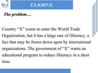 Example 
Country “X” wants to enter the World Trade Organization, but it has a large rate of illiteracy, a fact that may be frown down upon by international organizations. The government of “X” wants an educational program to reduce illiteracy in a short time. The problem…  