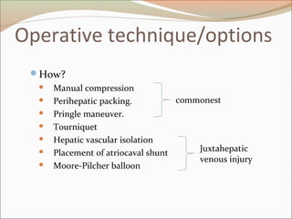 Operative technique/options
How?
 Manual compression
 Perihepatic packing.
 Pringle maneuver.
 Tourniquet
 Hepatic vascular isolation
 Placement of atriocaval shunt
 Moore-Pilcher balloon
commonest
Juxtahepatic
venous injury
 