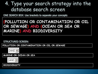 ONE SEARCH BOX: Use brackets to separate your concepts
STRUCTURED SCREEN:
POLLUTION OR CONTAMINATION OR OIL OR SEWAGE
MARINE OR OCEAN OR SEA
BIODIVERSITY
(POLLUTION OR CONTAMINATION OR OIL
OR SEWAGE) AND (OCEAN OR SEA OR
MARINE) AND BIODIVERSITY
4. Type your search strategy into the
database search screen
24
 