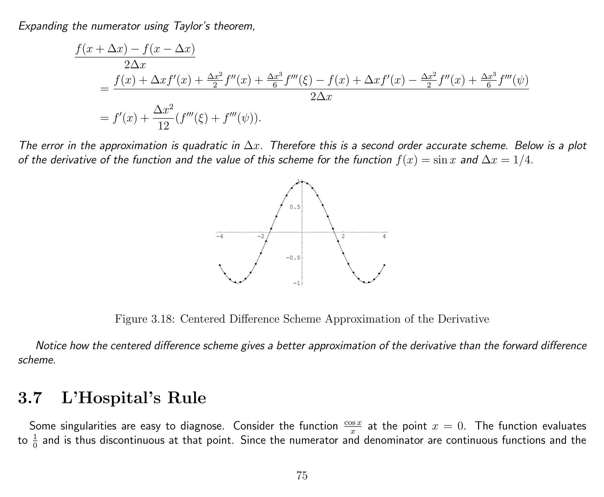 Expanding the numerator using Taylor’s theorem,
f(x + ∆x) − f(x − ∆x)
2∆x
=
f(x) + ∆xf (x) + ∆x2
2
f (x) + ∆x3
6
f (ξ) − f(x) + ∆xf (x) − ∆x2
2
f (x) + ∆x3
6
f (ψ)
2∆x
= f (x) +
∆x2
12
(f (ξ) + f (ψ)).
The error in the approximation is quadratic in ∆x. Therefore this is a second order accurate scheme. Below is a plot
of the derivative of the function and the value of this scheme for the function f(x) = sin x and ∆x = 1/4.
-4 -2 2 4
-1
-0.5
0.5
1
Figure 3.18: Centered Diﬀerence Scheme Approximation of the Derivative
Notice how the centered diﬀerence scheme gives a better approximation of the derivative than the forward diﬀerence
scheme.
3.7 L’Hospital’s Rule
Some singularities are easy to diagnose. Consider the function cos x
x
at the point x = 0. The function evaluates
to 1
0
and is thus discontinuous at that point. Since the numerator and denominator are continuous functions and the
75
 