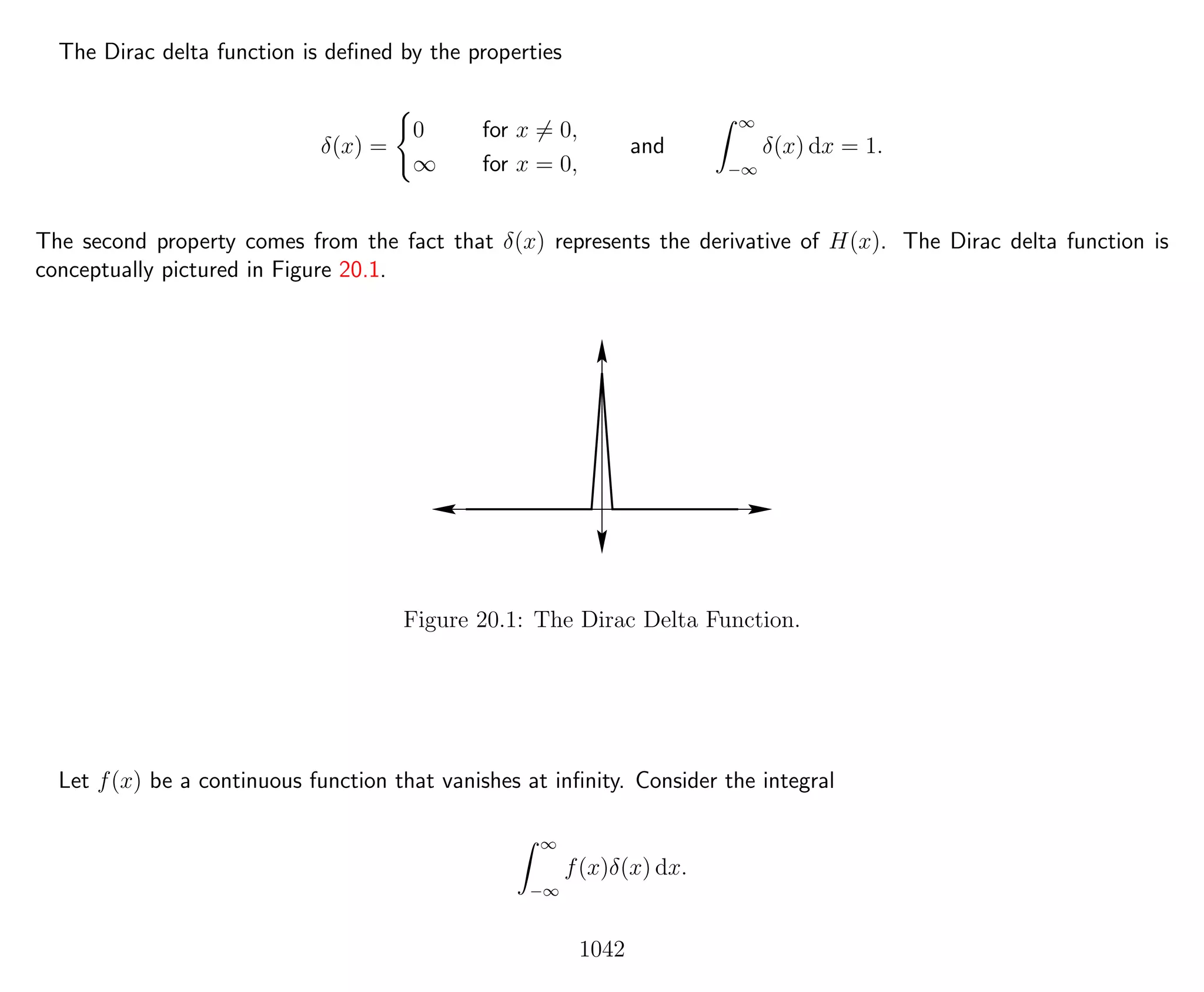 The Dirac delta function is deﬁned by the properties
δ(x) =
0 for x = 0,
∞ for x = 0,
and
∞
−∞
δ(x) dx = 1.
The second property comes from the fact that δ(x) represents the derivative of H(x). The Dirac delta function is
conceptually pictured in Figure 20.1.
Figure 20.1: The Dirac Delta Function.
Let f(x) be a continuous function that vanishes at inﬁnity. Consider the integral
∞
−∞
f(x)δ(x) dx.
1042
 