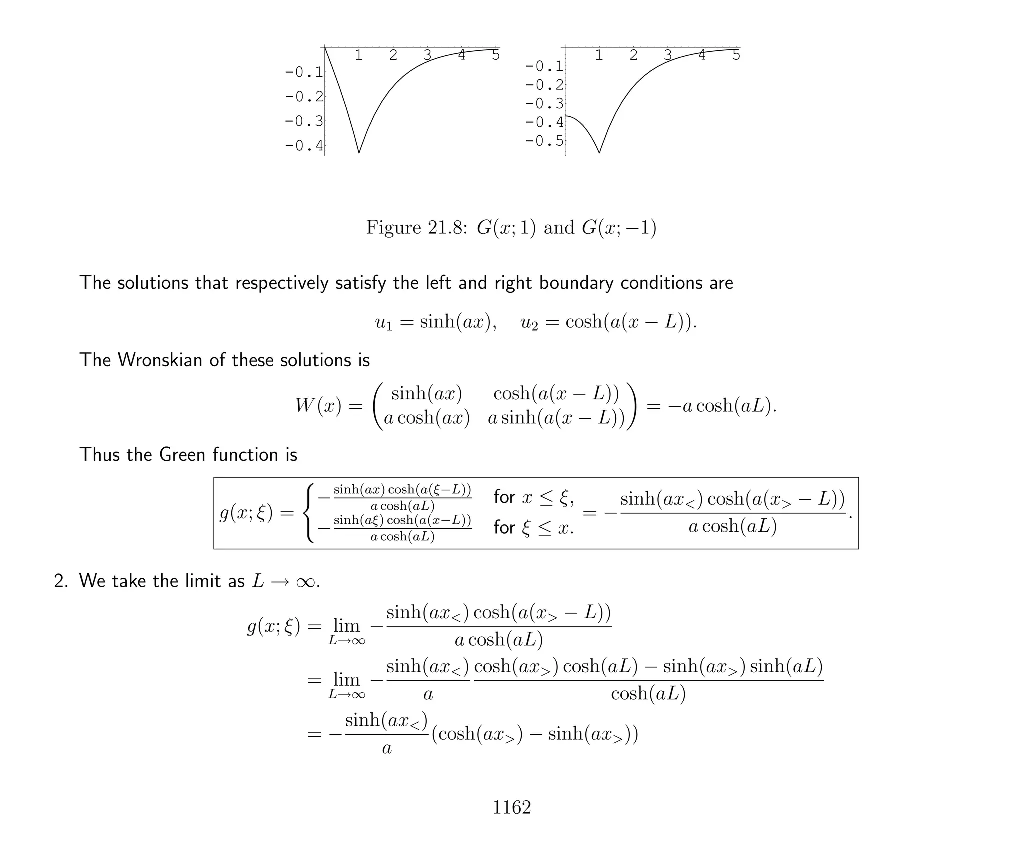 1 2 3 4 5
-0.4
-0.3
-0.2
-0.1
1 2 3 4 5
-0.5
-0.4
-0.3
-0.2
-0.1
Figure 21.8: G(x; 1) and G(x; −1)
The solutions that respectively satisfy the left and right boundary conditions are
u1 = sinh(ax), u2 = cosh(a(x − L)).
The Wronskian of these solutions is
W(x) =
sinh(ax) cosh(a(x − L))
a cosh(ax) a sinh(a(x − L))
= −a cosh(aL).
Thus the Green function is
g(x; ξ) =
−sinh(ax) cosh(a(ξ−L))
a cosh(aL)
for x ≤ ξ,
−sinh(aξ) cosh(a(x−L))
a cosh(aL)
for ξ ≤ x.
= −
sinh(ax<) cosh(a(x> − L))
a cosh(aL)
.
2. We take the limit as L → ∞.
g(x; ξ) = lim
L→∞
−
sinh(ax<) cosh(a(x> − L))
a cosh(aL)
= lim
L→∞
−
sinh(ax<)
a
cosh(ax>) cosh(aL) − sinh(ax>) sinh(aL)
cosh(aL)
= −
sinh(ax<)
a
(cosh(ax>) − sinh(ax>))
1162
 