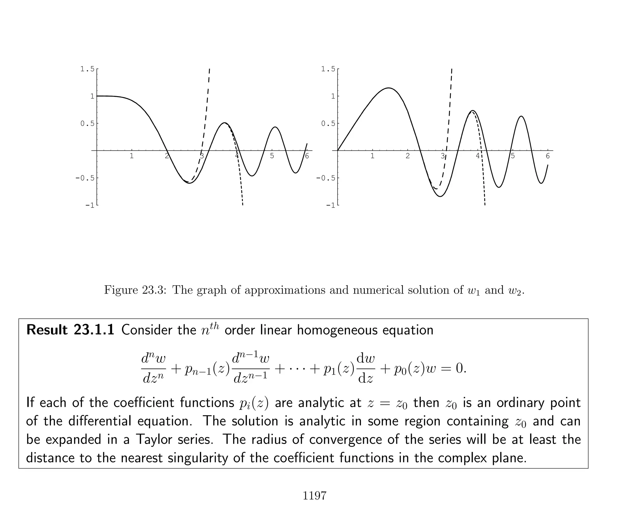 1 2 3 4 5 6
-1
-0.5
0.5
1
1.5
1 2 3 4 5 6
-1
-0.5
0.5
1
1.5
Figure 23.3: The graph of approximations and numerical solution of w1 and w2.
Result 23.1.1 Consider the nth
order linear homogeneous equation
dn
w
dzn
+ pn−1(z)
dn−1
w
dzn−1
+ · · · + p1(z)
dw
dz
+ p0(z)w = 0.
If each of the coeﬃcient functions pi(z) are analytic at z = z0 then z0 is an ordinary point
of the diﬀerential equation. The solution is analytic in some region containing z0 and can
be expanded in a Taylor series. The radius of convergence of the series will be at least the
distance to the nearest singularity of the coeﬃcient functions in the complex plane.
1197
 