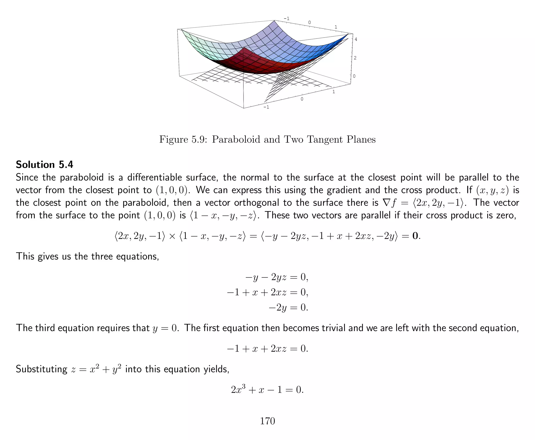 -1
0
1
-1
0
1
0
2
4
0
2
4
Figure 5.9: Paraboloid and Two Tangent Planes
Solution 5.4
Since the paraboloid is a diﬀerentiable surface, the normal to the surface at the closest point will be parallel to the
vector from the closest point to (1, 0, 0). We can express this using the gradient and the cross product. If (x, y, z) is
the closest point on the paraboloid, then a vector orthogonal to the surface there is f = 2x, 2y, −1 . The vector
from the surface to the point (1, 0, 0) is 1 − x, −y, −z . These two vectors are parallel if their cross product is zero,
2x, 2y, −1 × 1 − x, −y, −z = −y − 2yz, −1 + x + 2xz, −2y = 0.
This gives us the three equations,
−y − 2yz = 0,
−1 + x + 2xz = 0,
−2y = 0.
The third equation requires that y = 0. The ﬁrst equation then becomes trivial and we are left with the second equation,
−1 + x + 2xz = 0.
Substituting z = x2
+ y2
into this equation yields,
2x3
+ x − 1 = 0.
170
 