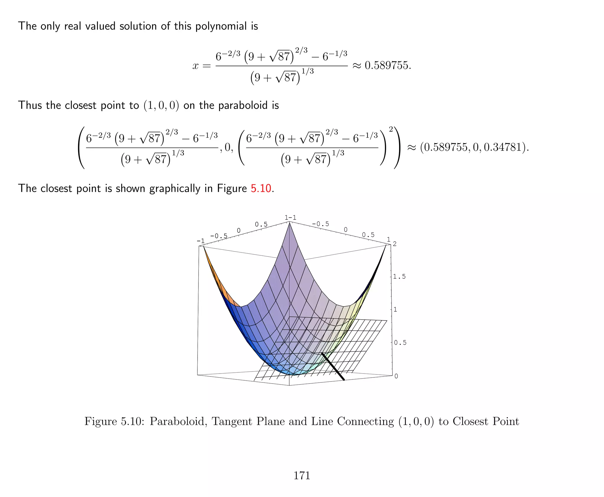The only real valued solution of this polynomial is
x =
6−2/3
9 +
√
87
2/3
− 6−1/3
9 +
√
87
1/3
≈ 0.589755.
Thus the closest point to (1, 0, 0) on the paraboloid is


6−2/3
9 +
√
87
2/3
− 6−1/3
9 +
√
87
1/3
, 0,
6−2/3
9 +
√
87
2/3
− 6−1/3
9 +
√
87
1/3
2

 ≈ (0.589755, 0, 0.34781).
The closest point is shown graphically in Figure 5.10.
-1
-0.5
0
0.5
1-1
-0.5
0
0.5
1
0
0.5
1
1.5
2-1
-0.5
0
0.5
1
0
0.5
1
1.5
2
Figure 5.10: Paraboloid, Tangent Plane and Line Connecting (1, 0, 0) to Closest Point
171
 
