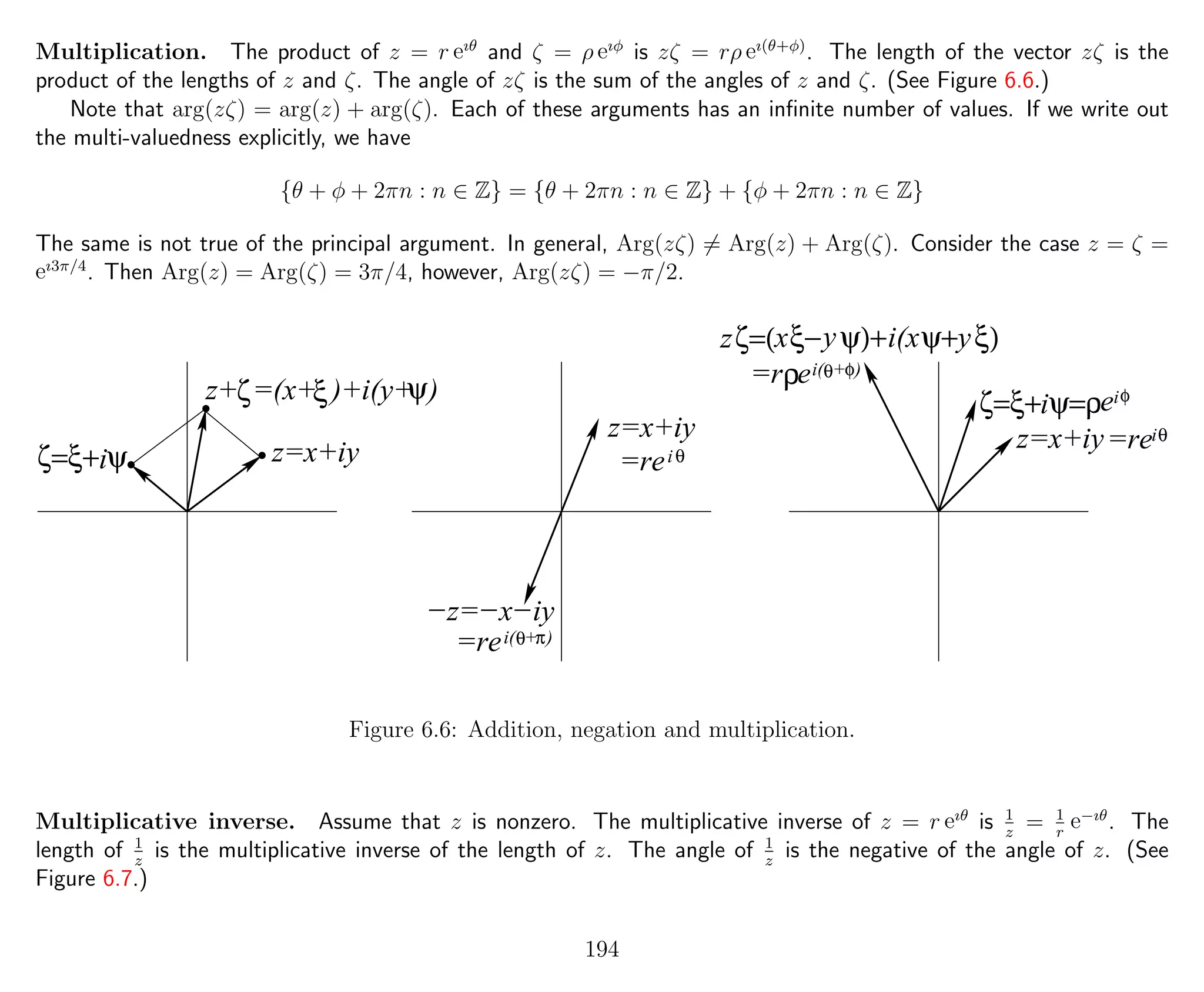 Multiplication. The product of z = r eıθ
and ζ = ρ eıφ
is zζ = rρ eı(θ+φ)
. The length of the vector zζ is the
product of the lengths of z and ζ. The angle of zζ is the sum of the angles of z and ζ. (See Figure 6.6.)
Note that arg(zζ) = arg(z) + arg(ζ). Each of these arguments has an inﬁnite number of values. If we write out
the multi-valuedness explicitly, we have
{θ + φ + 2πn : n ∈ Z} = {θ + 2πn : n ∈ Z} + {φ + 2πn : n ∈ Z}
The same is not true of the principal argument. In general, Arg(zζ) = Arg(z) + Arg(ζ). Consider the case z = ζ =
eı3π/4
. Then Arg(z) = Arg(ζ) = 3π/4, however, Arg(zζ) = −π/2.
xξ−yψ)+i(xψ+yξ)ζ=(
=re θ πi( + )
=re θi
z
=r eρ θ φi( + )
ζ=ξ+ ψ=ρi eiφ
z=x+iy=reiθ
ζ ξ ψ
ζ=ξ+ ψi z=x+iy
z+ =(x+ )+i(y+ )
−z=−x−iy
z=x+iy
Figure 6.6: Addition, negation and multiplication.
Multiplicative inverse. Assume that z is nonzero. The multiplicative inverse of z = r eıθ
is 1
z
= 1
r
e−ıθ
. The
length of 1
z
is the multiplicative inverse of the length of z. The angle of 1
z
is the negative of the angle of z. (See
Figure 6.7.)
194
 