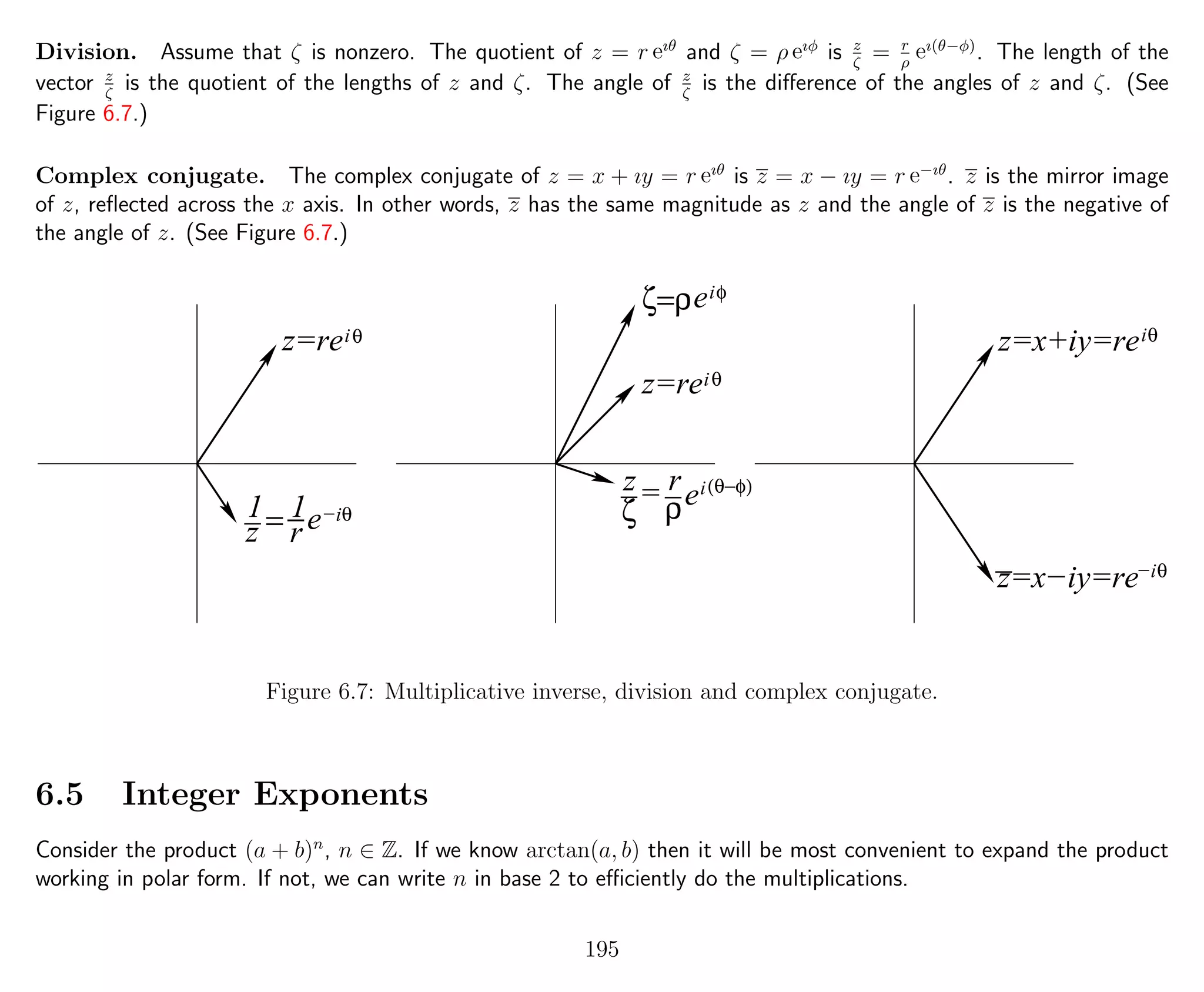 Division. Assume that ζ is nonzero. The quotient of z = r eıθ
and ζ = ρ eıφ
is z
ζ
= r
ρ
eı(θ−φ)
. The length of the
vector z
ζ
is the quotient of the lengths of z and ζ. The angle of z
ζ
is the diﬀerence of the angles of z and ζ. (See
Figure 6.7.)
Complex conjugate. The complex conjugate of z = x + ıy = r eıθ
is z = x − ıy = r e−ıθ
. z is the mirror image
of z, reﬂected across the x axis. In other words, z has the same magnitude as z and the angle of z is the negative of
the angle of z. (See Figure 6.7.)
= e_
=−e
ζ=ρ
z=re
e
z
ζ
r
φi
θi
(θ−φ)i_
ρ
z=x+iy=re θi
z=x−iy=re
_ −iθ
z=re
1
z
1
r
θi
_ −iθ
Figure 6.7: Multiplicative inverse, division and complex conjugate.
6.5 Integer Exponents
Consider the product (a + b)n
, n ∈ Z. If we know arctan(a, b) then it will be most convenient to expand the product
working in polar form. If not, we can write n in base 2 to eﬃciently do the multiplications.
195
 