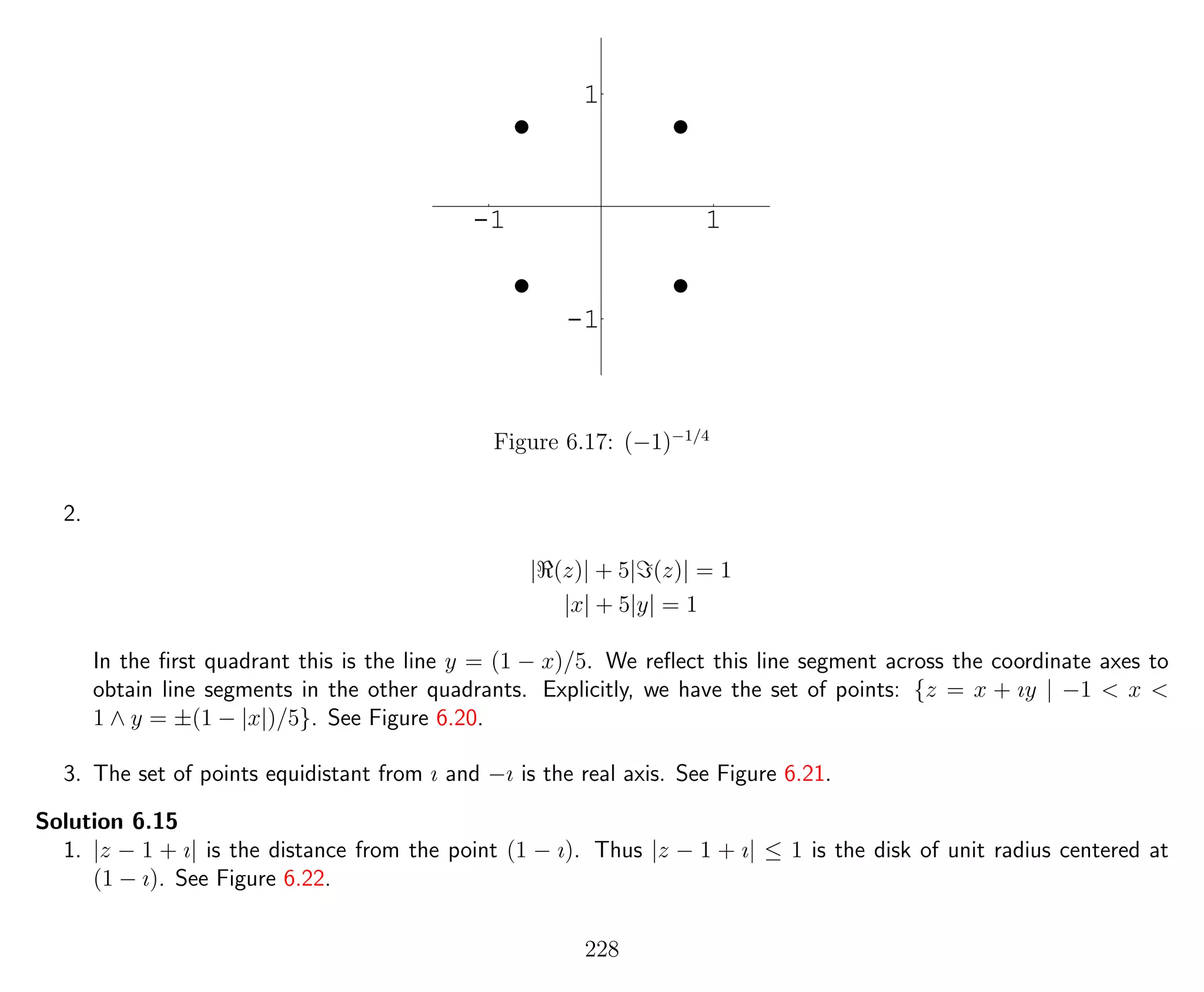 -1 1
-1
1
Figure 6.17: (−1)−1/4
2.
| (z)| + 5| (z)| = 1
|x| + 5|y| = 1
In the ﬁrst quadrant this is the line y = (1 − x)/5. We reﬂect this line segment across the coordinate axes to
obtain line segments in the other quadrants. Explicitly, we have the set of points: {z = x + ıy | −1 < x <
1 ∧ y = ±(1 − |x|)/5}. See Figure 6.20.
3. The set of points equidistant from ı and −ı is the real axis. See Figure 6.21.
Solution 6.15
1. |z − 1 + ı| is the distance from the point (1 − ı). Thus |z − 1 + ı| ≤ 1 is the disk of unit radius centered at
(1 − ı). See Figure 6.22.
228
 