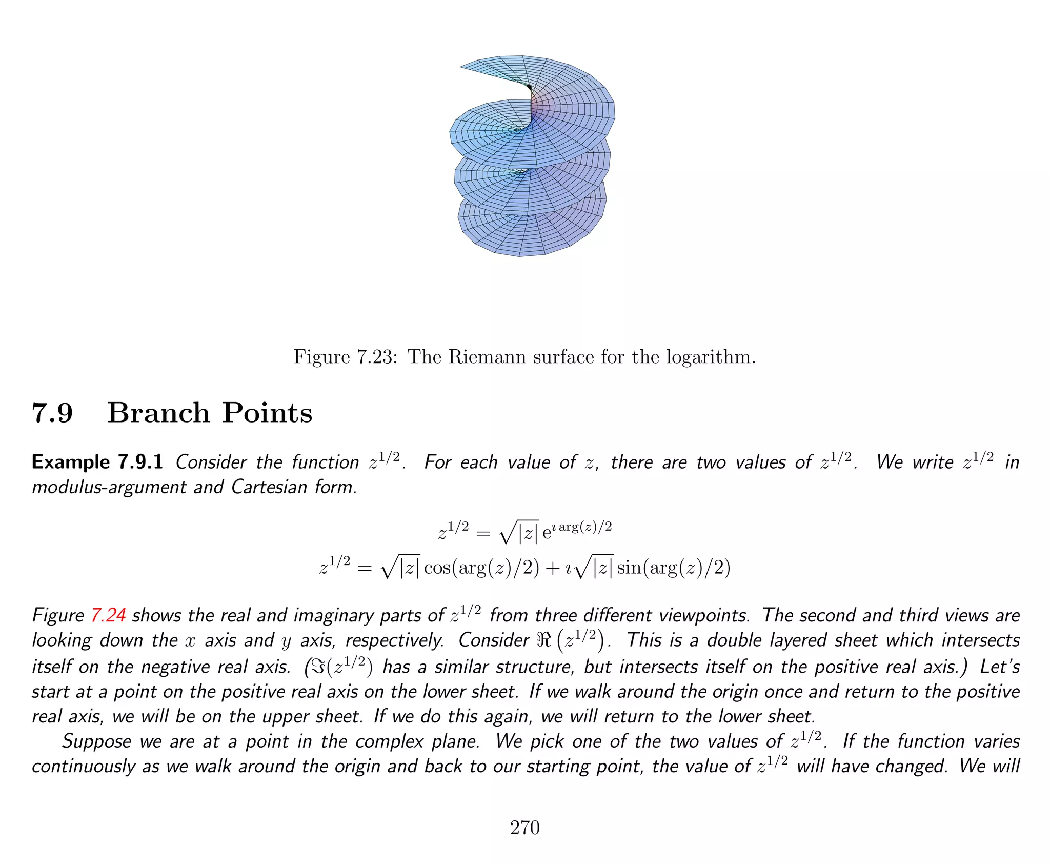 Figure 7.23: The Riemann surface for the logarithm.
7.9 Branch Points
Example 7.9.1 Consider the function z1/2
. For each value of z, there are two values of z1/2
. We write z1/2
in
modulus-argument and Cartesian form.
z1/2
= |z| eı arg(z)/2
z1/2
= |z| cos(arg(z)/2) + ı |z| sin(arg(z)/2)
Figure 7.24 shows the real and imaginary parts of z1/2
from three diﬀerent viewpoints. The second and third views are
looking down the x axis and y axis, respectively. Consider z1/2
. This is a double layered sheet which intersects
itself on the negative real axis. ( (z1/2
) has a similar structure, but intersects itself on the positive real axis.) Let’s
start at a point on the positive real axis on the lower sheet. If we walk around the origin once and return to the positive
real axis, we will be on the upper sheet. If we do this again, we will return to the lower sheet.
Suppose we are at a point in the complex plane. We pick one of the two values of z1/2
. If the function varies
continuously as we walk around the origin and back to our starting point, the value of z1/2
will have changed. We will
270
 