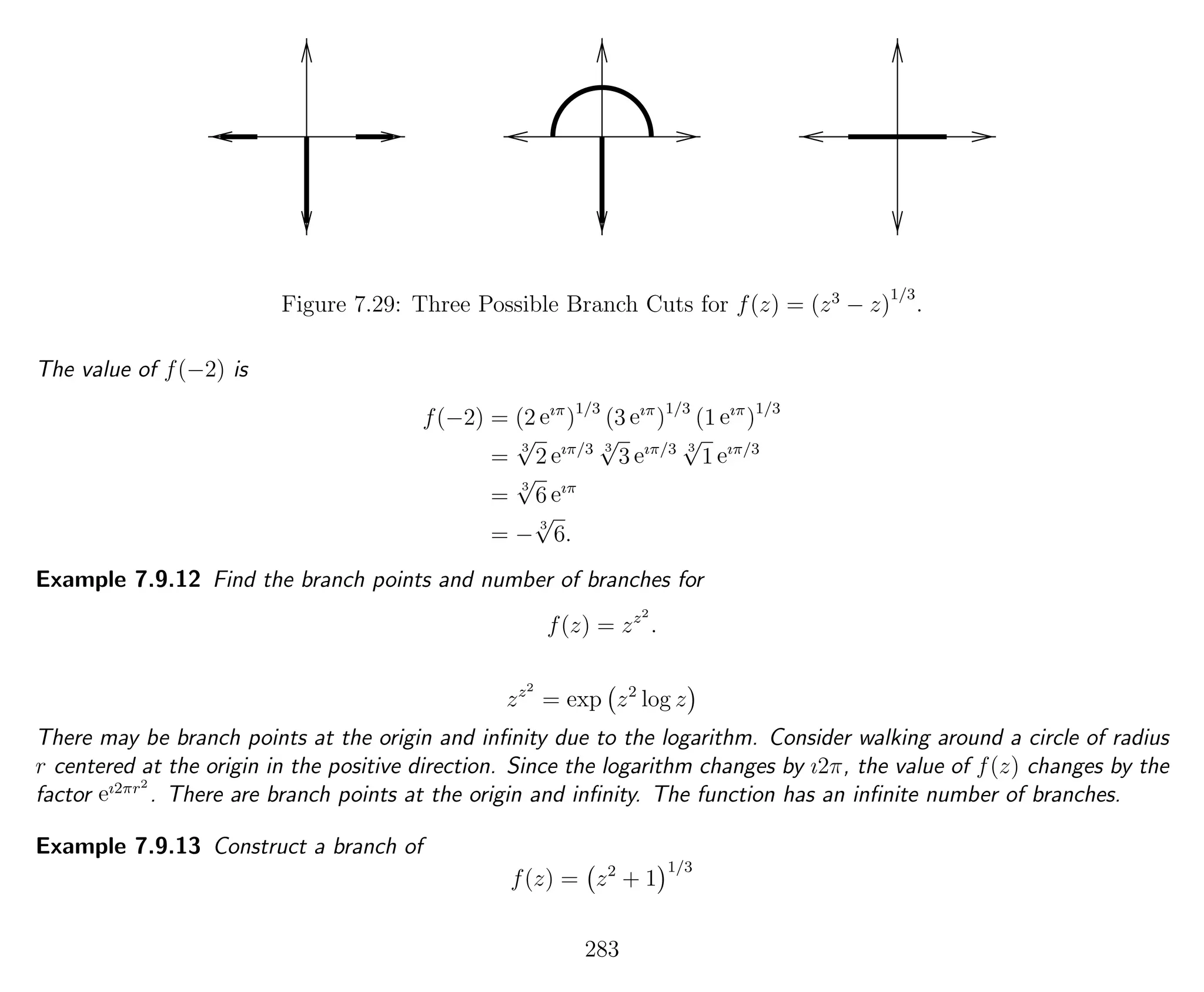 Figure 7.29: Three Possible Branch Cuts for f(z) = (z3
− z)
1/3
.
The value of f(−2) is
f(−2) = (2 eıπ
)1/3
(3 eıπ
)1/3
(1 eıπ
)1/3
=
3
√
2 eıπ/3 3
√
3 eıπ/3 3
√
1 eıπ/3
=
3
√
6 eıπ
= −
3
√
6.
Example 7.9.12 Find the branch points and number of branches for
f(z) = zz2
.
zz2
= exp z2
log z
There may be branch points at the origin and inﬁnity due to the logarithm. Consider walking around a circle of radius
r centered at the origin in the positive direction. Since the logarithm changes by ı2π, the value of f(z) changes by the
factor eı2πr2
. There are branch points at the origin and inﬁnity. The function has an inﬁnite number of branches.
Example 7.9.13 Construct a branch of
f(z) = z2
+ 1
1/3
283
 