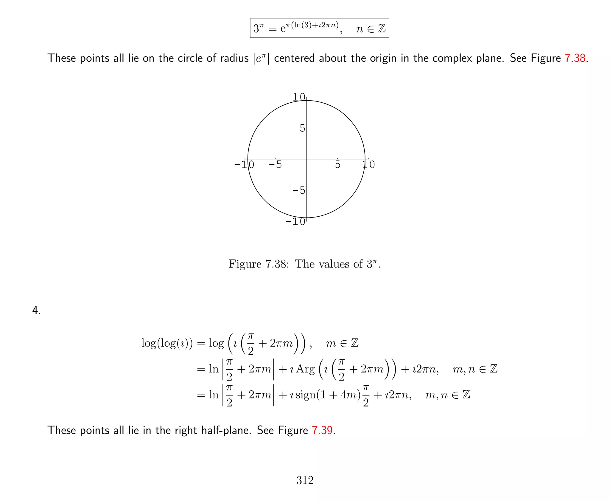 3π
= eπ(ln(3)+ı2πn)
, n ∈ Z
These points all lie on the circle of radius |eπ
| centered about the origin in the complex plane. See Figure 7.38.
-10 -5 5 10
-10
-5
5
10
Figure 7.38: The values of 3π
.
4.
log(log(ı)) = log ı
π
2
+ 2πm , m ∈ Z
= ln
π
2
+ 2πm + ı Arg ı
π
2
+ 2πm + ı2πn, m, n ∈ Z
= ln
π
2
+ 2πm + ı sign(1 + 4m)
π
2
+ ı2πn, m, n ∈ Z
These points all lie in the right half-plane. See Figure 7.39.
312
 