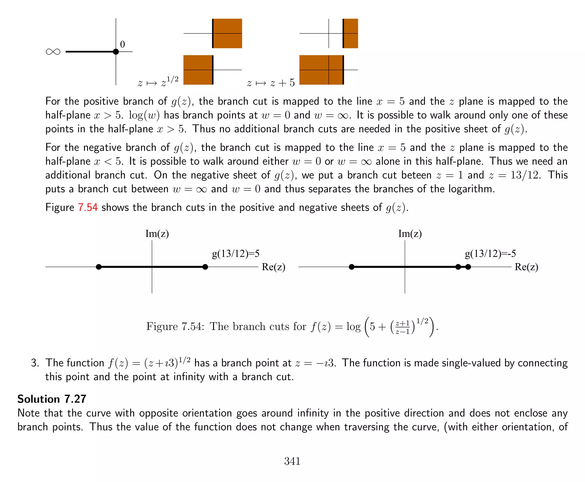 0
z → z1/2
z → z + 5
For the positive branch of g(z), the branch cut is mapped to the line x = 5 and the z plane is mapped to the
half-plane x > 5. log(w) has branch points at w = 0 and w = ∞. It is possible to walk around only one of these
points in the half-plane x > 5. Thus no additional branch cuts are needed in the positive sheet of g(z).
For the negative branch of g(z), the branch cut is mapped to the line x = 5 and the z plane is mapped to the
half-plane x < 5. It is possible to walk around either w = 0 or w = ∞ alone in this half-plane. Thus we need an
additional branch cut. On the negative sheet of g(z), we put a branch cut beteen z = 1 and z = 13/12. This
puts a branch cut between w = ∞ and w = 0 and thus separates the branches of the logarithm.
Figure 7.54 shows the branch cuts in the positive and negative sheets of g(z).
Im(z)
Re(z)
g(13/12)=-5
Im(z)
Re(z)
g(13/12)=5
Figure 7.54: The branch cuts for f(z) = log 5 + z+1
z−1
1/2
.
3. The function f(z) = (z +ı3)1/2
has a branch point at z = −ı3. The function is made single-valued by connecting
this point and the point at inﬁnity with a branch cut.
Solution 7.27
Note that the curve with opposite orientation goes around inﬁnity in the positive direction and does not enclose any
branch points. Thus the value of the function does not change when traversing the curve, (with either orientation, of
341
 