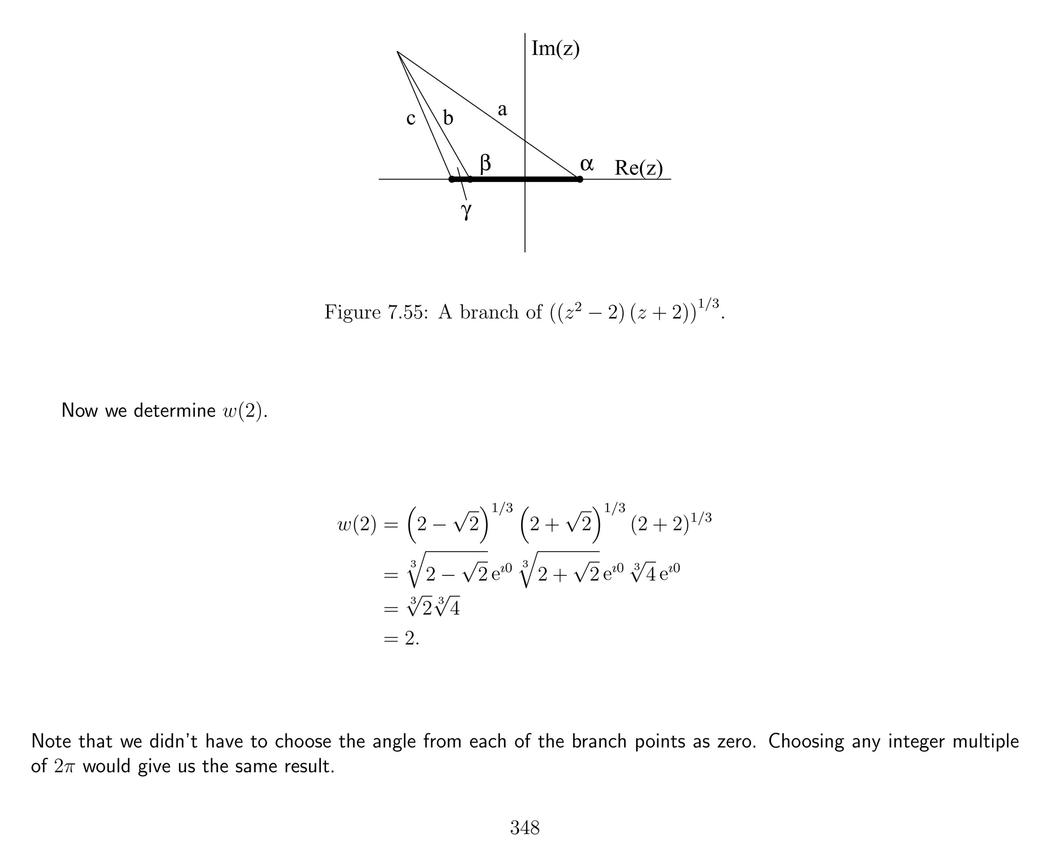 αβ
γ
ac b
Re(z)
Im(z)
Figure 7.55: A branch of ((z2
− 2) (z + 2))
1/3
.
Now we determine w(2).
w(2) = 2 −
√
2
1/3
2 +
√
2
1/3
(2 + 2)1/3
=
3
2 −
√
2 eı0 3
2 +
√
2 eı0 3
√
4 eı0
=
3
√
2
3
√
4
= 2.
Note that we didn’t have to choose the angle from each of the branch points as zero. Choosing any integer multiple
of 2π would give us the same result.
348
 