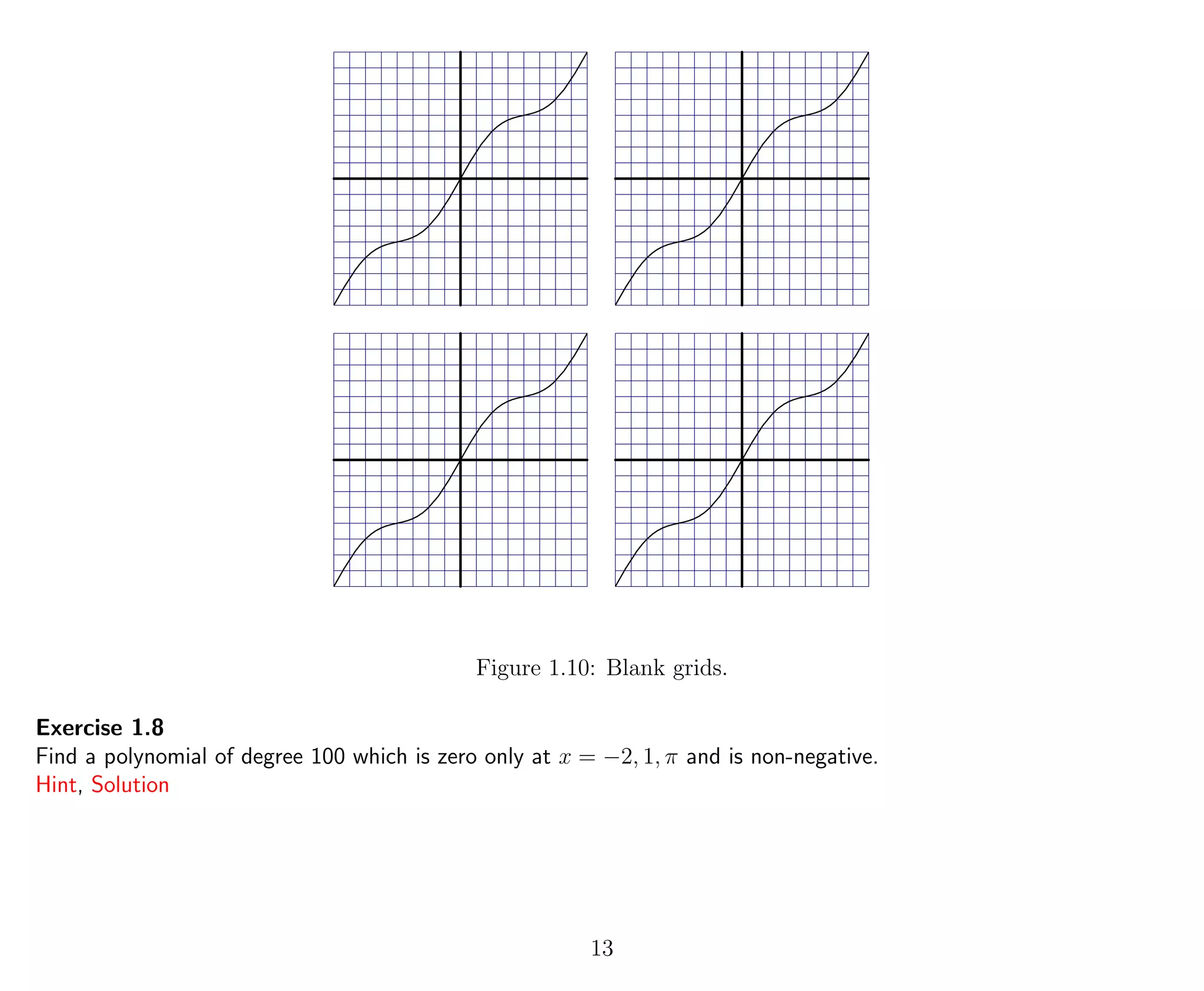Figure 1.10: Blank grids.
Exercise 1.8
Find a polynomial of degree 100 which is zero only at x = −2, 1, π and is non-negative.
Hint, Solution
13
 
