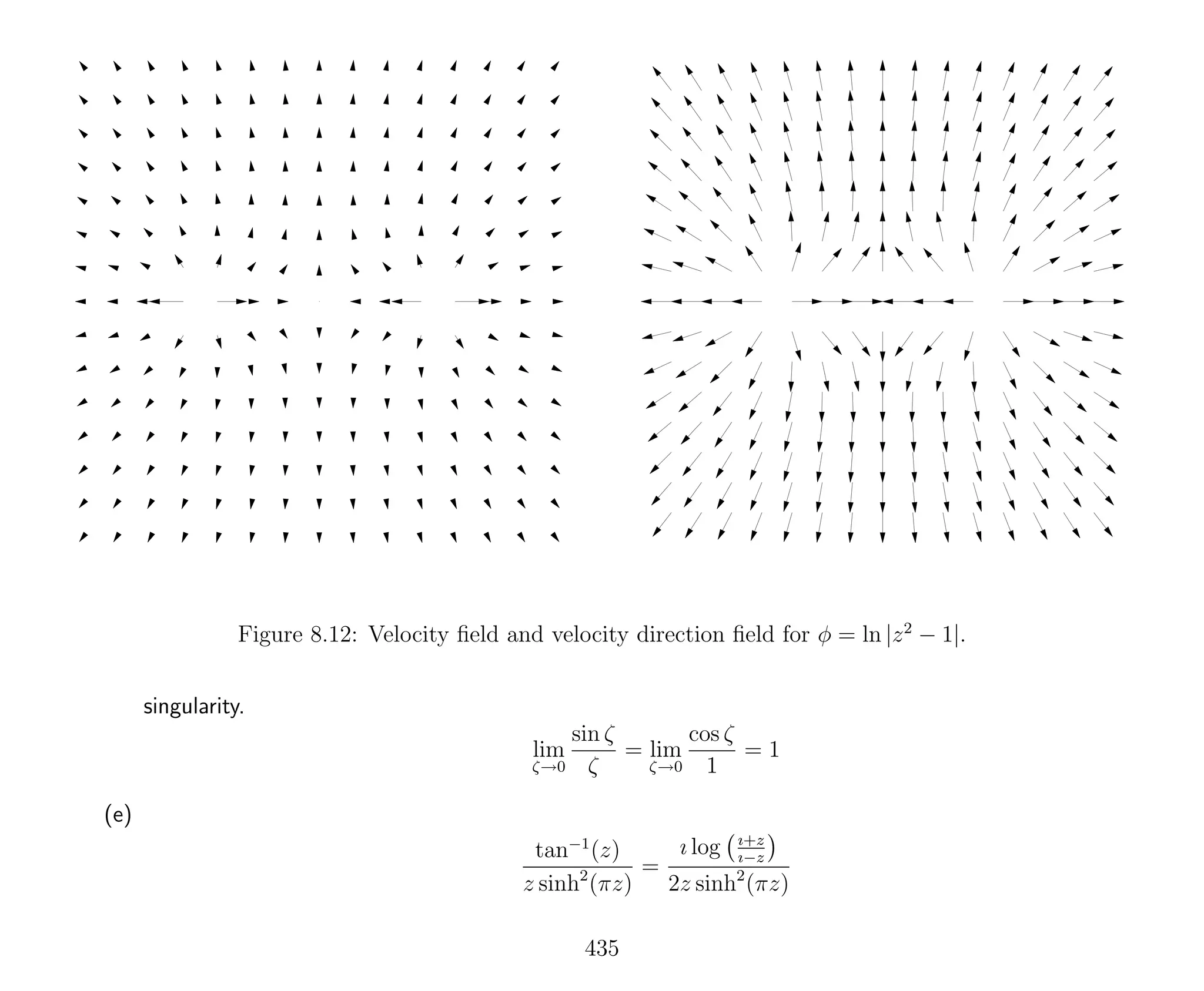 Figure 8.12: Velocity ﬁeld and velocity direction ﬁeld for φ = ln |z2
− 1|.
singularity.
lim
ζ→0
sin ζ
ζ
= lim
ζ→0
cos ζ
1
= 1
(e)
tan−1
(z)
z sinh2
(πz)
=
ı log ı+z
ı−z
2z sinh2
(πz)
435
 