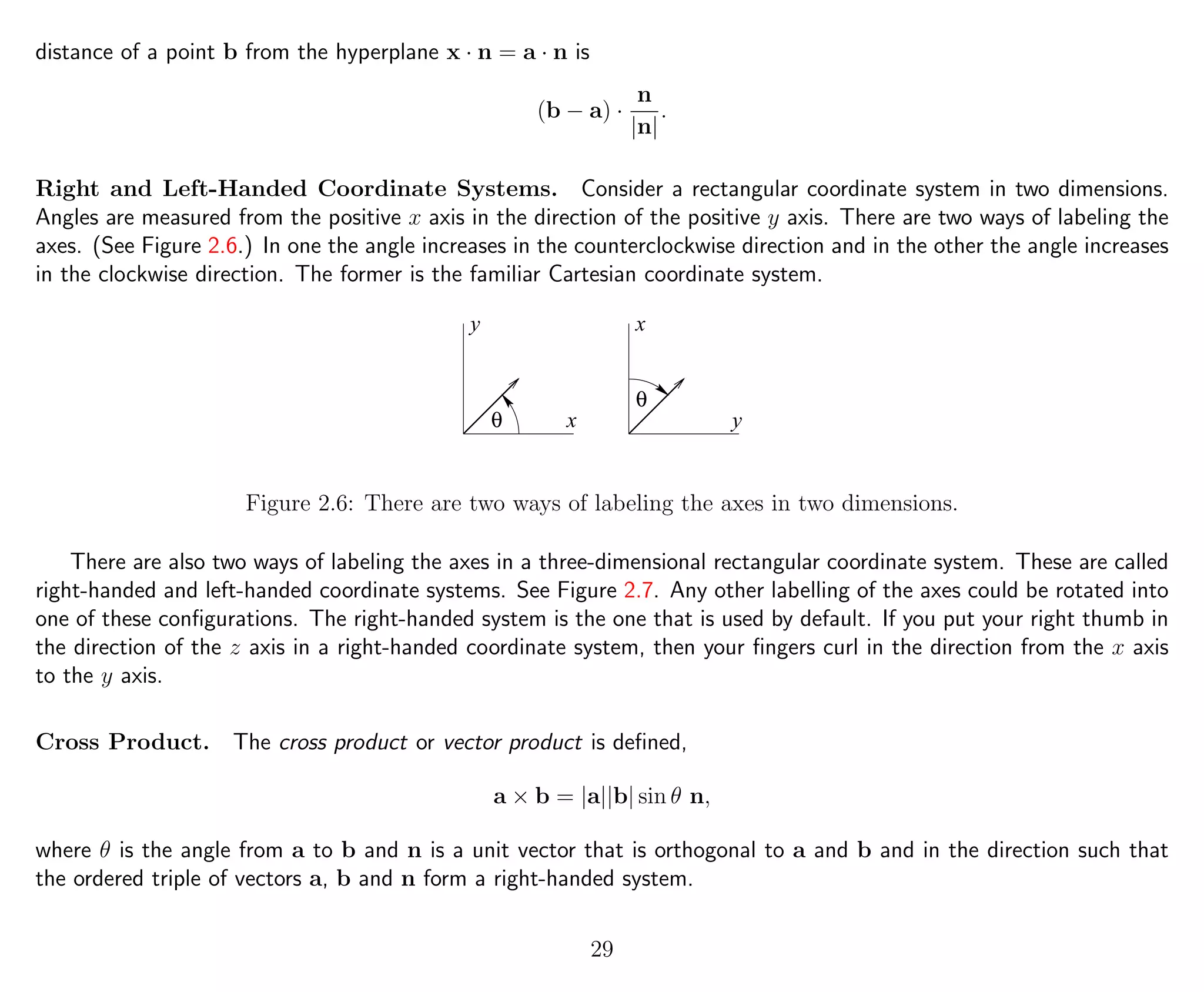 distance of a point b from the hyperplane x · n = a · n is
(b − a) ·
n
|n|
.
Right and Left-Handed Coordinate Systems. Consider a rectangular coordinate system in two dimensions.
Angles are measured from the positive x axis in the direction of the positive y axis. There are two ways of labeling the
axes. (See Figure 2.6.) In one the angle increases in the counterclockwise direction and in the other the angle increases
in the clockwise direction. The former is the familiar Cartesian coordinate system.
x y
xy
θ
θ
Figure 2.6: There are two ways of labeling the axes in two dimensions.
There are also two ways of labeling the axes in a three-dimensional rectangular coordinate system. These are called
right-handed and left-handed coordinate systems. See Figure 2.7. Any other labelling of the axes could be rotated into
one of these conﬁgurations. The right-handed system is the one that is used by default. If you put your right thumb in
the direction of the z axis in a right-handed coordinate system, then your ﬁngers curl in the direction from the x axis
to the y axis.
Cross Product. The cross product or vector product is deﬁned,
a × b = |a||b| sin θ n,
where θ is the angle from a to b and n is a unit vector that is orthogonal to a and b and in the direction such that
the ordered triple of vectors a, b and n form a right-handed system.
29
 