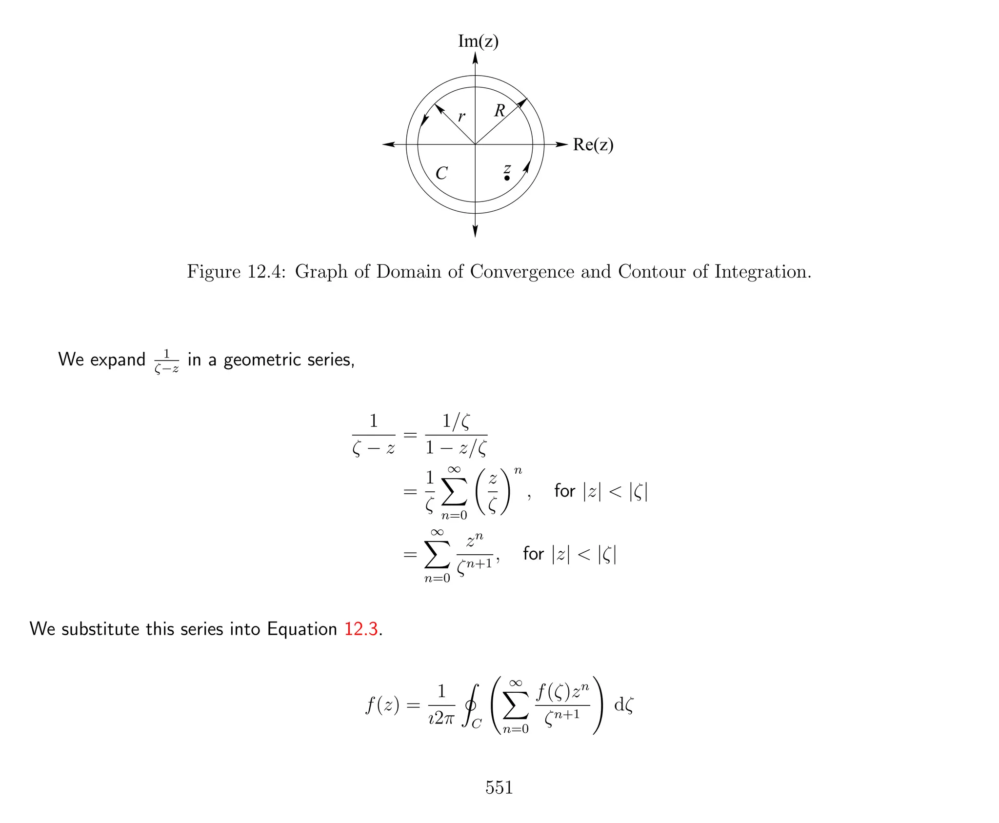 Im(z)
Re(z)
r
C
R
z
Figure 12.4: Graph of Domain of Convergence and Contour of Integration.
We expand 1
ζ−z
in a geometric series,
1
ζ − z
=
1/ζ
1 − z/ζ
=
1
ζ
∞
n=0
z
ζ
n
, for |z| < |ζ|
=
∞
n=0
zn
ζn+1
, for |z| < |ζ|
We substitute this series into Equation 12.3.
f(z) =
1
ı2π C
∞
n=0
f(ζ)zn
ζn+1
dζ
551
 
