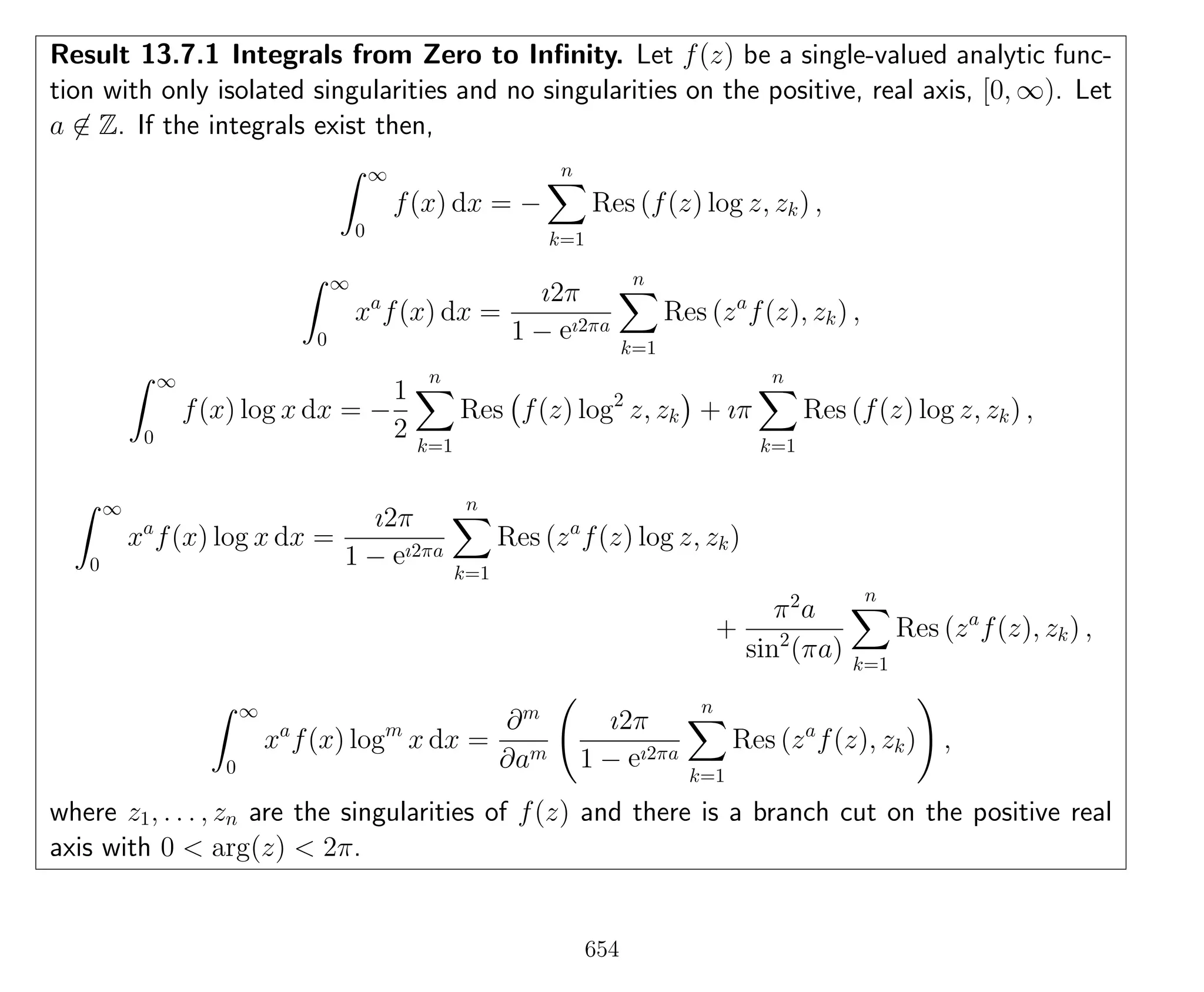 Result 13.7.1 Integrals from Zero to Inﬁnity. Let f(z) be a single-valued analytic func-
tion with only isolated singularities and no singularities on the positive, real axis, [0, ∞). Let
a ∈ Z. If the integrals exist then,
∞
0
f(x) dx = −
n
k=1
Res (f(z) log z, zk) ,
∞
0
xa
f(x) dx =
ı2π
1 − eı2πa
n
k=1
Res (za
f(z), zk) ,
∞
0
f(x) log x dx = −
1
2
n
k=1
Res f(z) log2
z, zk + ıπ
n
k=1
Res (f(z) log z, zk) ,
∞
0
xa
f(x) log x dx =
ı2π
1 − eı2πa
n
k=1
Res (za
f(z) log z, zk)
+
π2
a
sin2
(πa)
n
k=1
Res (za
f(z), zk) ,
∞
0
xa
f(x) logm
x dx =
∂m
∂am
ı2π
1 − eı2πa
n
k=1
Res (za
f(z), zk) ,
where z1, . . . , zn are the singularities of f(z) and there is a branch cut on the positive real
axis with 0 < arg(z) < 2π.
654
 