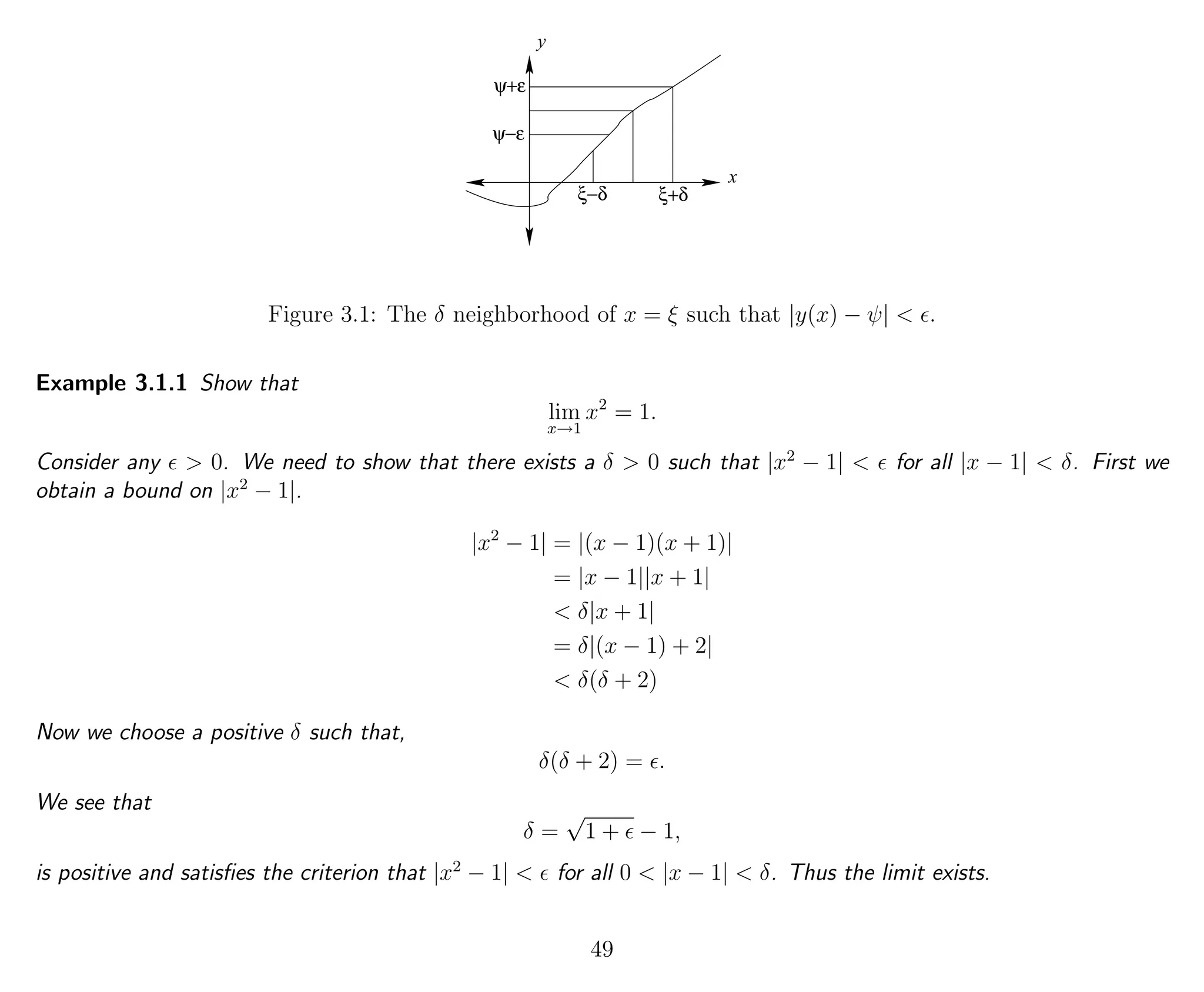 x
y
ψ+ε
ψ−ε
ξ−δ ξ+δ
Figure 3.1: The δ neighborhood of x = ξ such that |y(x) − ψ| < .
Example 3.1.1 Show that
lim
x→1
x2
= 1.
Consider any > 0. We need to show that there exists a δ > 0 such that |x2
− 1| < for all |x − 1| < δ. First we
obtain a bound on |x2
− 1|.
|x2
− 1| = |(x − 1)(x + 1)|
= |x − 1||x + 1|
< δ|x + 1|
= δ|(x − 1) + 2|
< δ(δ + 2)
Now we choose a positive δ such that,
δ(δ + 2) = .
We see that
δ =
√
1 + − 1,
is positive and satisﬁes the criterion that |x2
− 1| < for all 0 < |x − 1| < δ. Thus the limit exists.
49
 