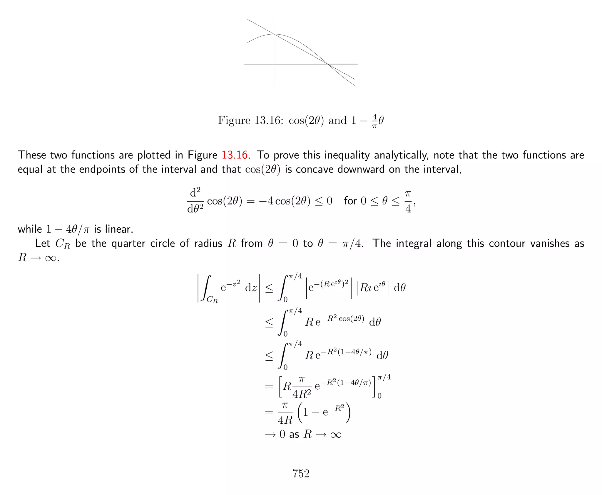Figure 13.16: cos(2θ) and 1 − 4
π
θ
These two functions are plotted in Figure 13.16. To prove this inequality analytically, note that the two functions are
equal at the endpoints of the interval and that cos(2θ) is concave downward on the interval,
d2
dθ2
cos(2θ) = −4 cos(2θ) ≤ 0 for 0 ≤ θ ≤
π
4
,
while 1 − 4θ/π is linear.
Let CR be the quarter circle of radius R from θ = 0 to θ = π/4. The integral along this contour vanishes as
R → ∞.
CR
e−z2
dz ≤
π/4
0
e−(R eıθ)2
Rı eıθ
dθ
≤
π/4
0
R e−R2 cos(2θ)
dθ
≤
π/4
0
R e−R2(1−4θ/π)
dθ
= R
π
4R2
e−R2(1−4θ/π)
π/4
0
=
π
4R
1 − e−R2
→ 0 as R → ∞
752
 