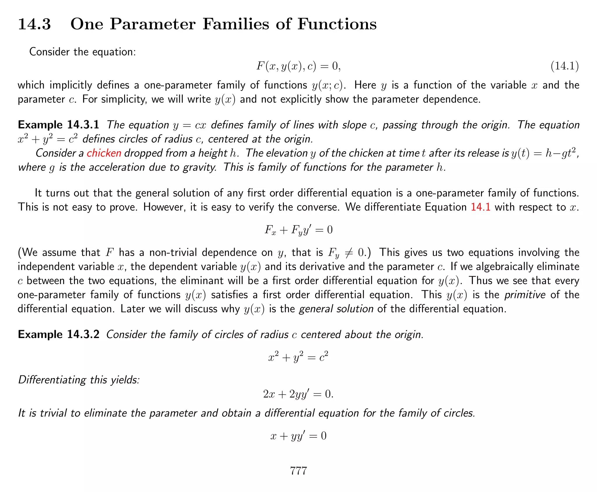 14.3 One Parameter Families of Functions
Consider the equation:
F(x, y(x), c) = 0, (14.1)
which implicitly deﬁnes a one-parameter family of functions y(x; c). Here y is a function of the variable x and the
parameter c. For simplicity, we will write y(x) and not explicitly show the parameter dependence.
Example 14.3.1 The equation y = cx deﬁnes family of lines with slope c, passing through the origin. The equation
x2
+ y2
= c2
deﬁnes circles of radius c, centered at the origin.
Consider a chicken dropped from a height h. The elevation y of the chicken at time t after its release is y(t) = h−gt2
,
where g is the acceleration due to gravity. This is family of functions for the parameter h.
It turns out that the general solution of any ﬁrst order diﬀerential equation is a one-parameter family of functions.
This is not easy to prove. However, it is easy to verify the converse. We diﬀerentiate Equation 14.1 with respect to x.
Fx + Fyy = 0
(We assume that F has a non-trivial dependence on y, that is Fy = 0.) This gives us two equations involving the
independent variable x, the dependent variable y(x) and its derivative and the parameter c. If we algebraically eliminate
c between the two equations, the eliminant will be a ﬁrst order diﬀerential equation for y(x). Thus we see that every
one-parameter family of functions y(x) satisﬁes a ﬁrst order diﬀerential equation. This y(x) is the primitive of the
diﬀerential equation. Later we will discuss why y(x) is the general solution of the diﬀerential equation.
Example 14.3.2 Consider the family of circles of radius c centered about the origin.
x2
+ y2
= c2
Diﬀerentiating this yields:
2x + 2yy = 0.
It is trivial to eliminate the parameter and obtain a diﬀerential equation for the family of circles.
x + yy = 0
777
 