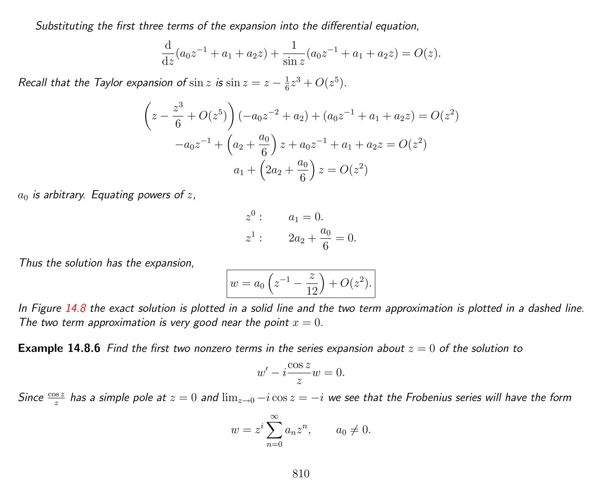 Substituting the ﬁrst three terms of the expansion into the diﬀerential equation,
d
dz
(a0z−1
+ a1 + a2z) +
1
sin z
(a0z−1
+ a1 + a2z) = O(z).
Recall that the Taylor expansion of sin z is sin z = z − 1
6
z3
+ O(z5
).
z −
z3
6
+ O(z5
) (−a0z−2
+ a2) + (a0z−1
+ a1 + a2z) = O(z2
)
−a0z−1
+ a2 +
a0
6
z + a0z−1
+ a1 + a2z = O(z2
)
a1 + 2a2 +
a0
6
z = O(z2
)
a0 is arbitrary. Equating powers of z,
z0
: a1 = 0.
z1
: 2a2 +
a0
6
= 0.
Thus the solution has the expansion,
w = a0 z−1
−
z
12
+ O(z2
).
In Figure 14.8 the exact solution is plotted in a solid line and the two term approximation is plotted in a dashed line.
The two term approximation is very good near the point x = 0.
Example 14.8.6 Find the ﬁrst two nonzero terms in the series expansion about z = 0 of the solution to
w − i
cos z
z
w = 0.
Since cos z
z
has a simple pole at z = 0 and limz→0 −i cos z = −i we see that the Frobenius series will have the form
w = zi
∞
n=0
anzn
, a0 = 0.
810
 
