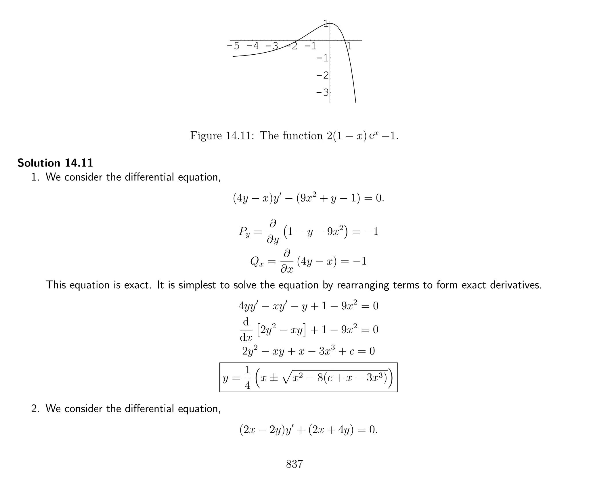 -5 -4 -3 -2 -1 1
-3
-2
-1
1
Figure 14.11: The function 2(1 − x) ex
−1.
Solution 14.11
1. We consider the diﬀerential equation,
(4y − x)y − (9x2
+ y − 1) = 0.
Py =
∂
∂y
1 − y − 9x2
= −1
Qx =
∂
∂x
(4y − x) = −1
This equation is exact. It is simplest to solve the equation by rearranging terms to form exact derivatives.
4yy − xy − y + 1 − 9x2
= 0
d
dx
2y2
− xy + 1 − 9x2
= 0
2y2
− xy + x − 3x3
+ c = 0
y =
1
4
x ± x2 − 8(c + x − 3x3)
2. We consider the diﬀerential equation,
(2x − 2y)y + (2x + 4y) = 0.
837
 