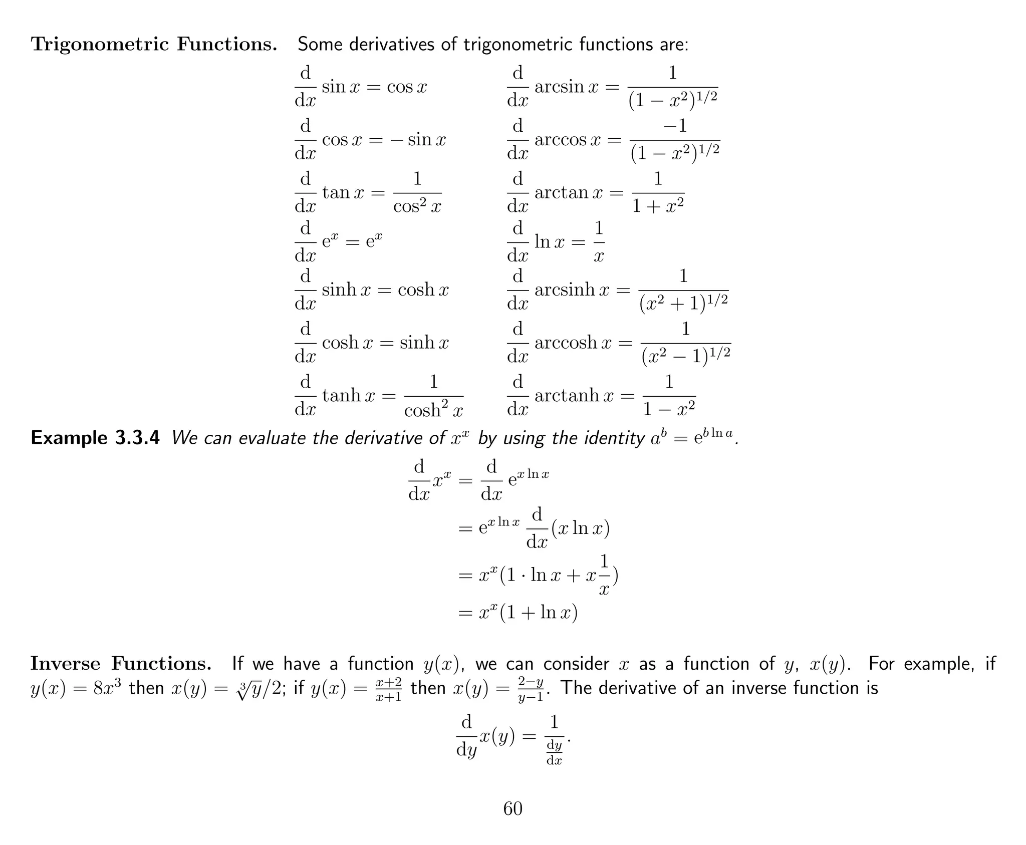 Trigonometric Functions. Some derivatives of trigonometric functions are:
d
dx
sin x = cos x
d
dx
arcsin x =
1
(1 − x2)1/2
d
dx
cos x = − sin x
d
dx
arccos x =
−1
(1 − x2)1/2
d
dx
tan x =
1
cos2 x
d
dx
arctan x =
1
1 + x2
d
dx
ex
= ex d
dx
ln x =
1
x
d
dx
sinh x = cosh x
d
dx
arcsinh x =
1
(x2 + 1)1/2
d
dx
cosh x = sinh x
d
dx
arccosh x =
1
(x2 − 1)1/2
d
dx
tanh x =
1
cosh2
x
d
dx
arctanh x =
1
1 − x2
Example 3.3.4 We can evaluate the derivative of xx
by using the identity ab
= eb ln a
.
d
dx
xx
=
d
dx
ex ln x
= ex ln x d
dx
(x ln x)
= xx
(1 · ln x + x
1
x
)
= xx
(1 + ln x)
Inverse Functions. If we have a function y(x), we can consider x as a function of y, x(y). For example, if
y(x) = 8x3
then x(y) = 3
√
y/2; if y(x) = x+2
x+1
then x(y) = 2−y
y−1
. The derivative of an inverse function is
d
dy
x(y) =
1
dy
dx
.
60
 