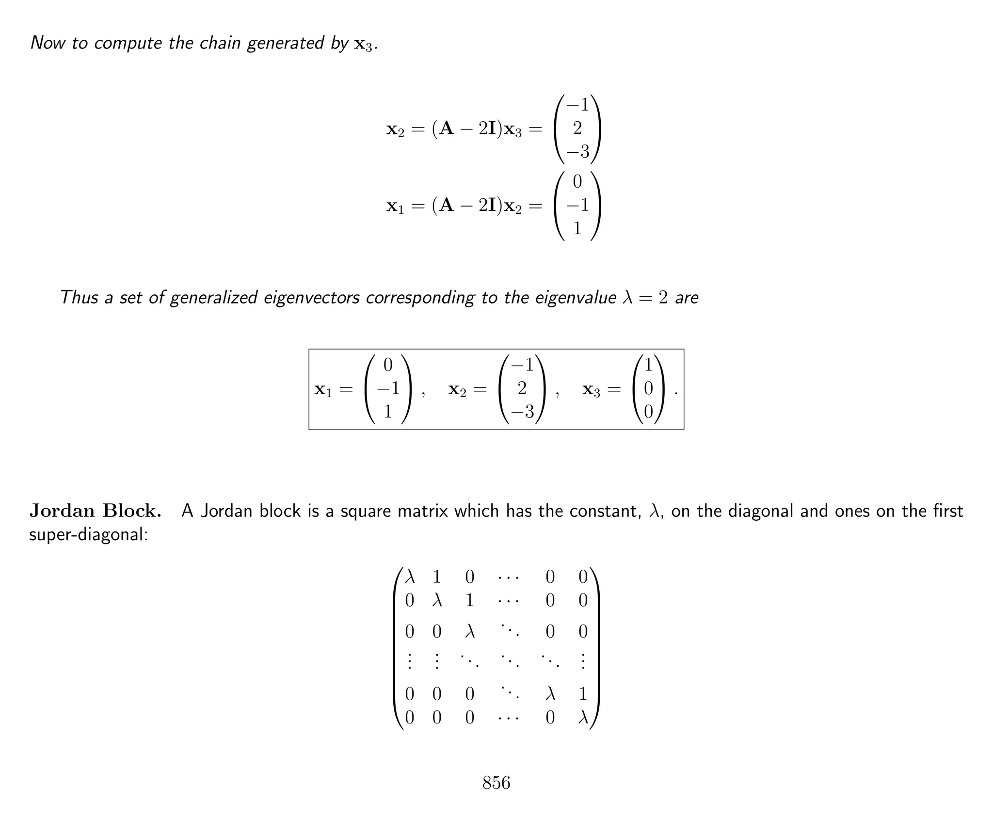 Now to compute the chain generated by x3.
x2 = (A − 2I)x3 =


−1
2
−3


x1 = (A − 2I)x2 =


0
−1
1


Thus a set of generalized eigenvectors corresponding to the eigenvalue λ = 2 are
x1 =


0
−1
1

 , x2 =


−1
2
−3

 , x3 =


1
0
0

 .
Jordan Block. A Jordan block is a square matrix which has the constant, λ, on the diagonal and ones on the ﬁrst
super-diagonal:










λ 1 0 · · · 0 0
0 λ 1 · · · 0 0
0 0 λ
... 0 0
...
...
...
...
...
...
0 0 0
... λ 1
0 0 0 · · · 0 λ










856
 