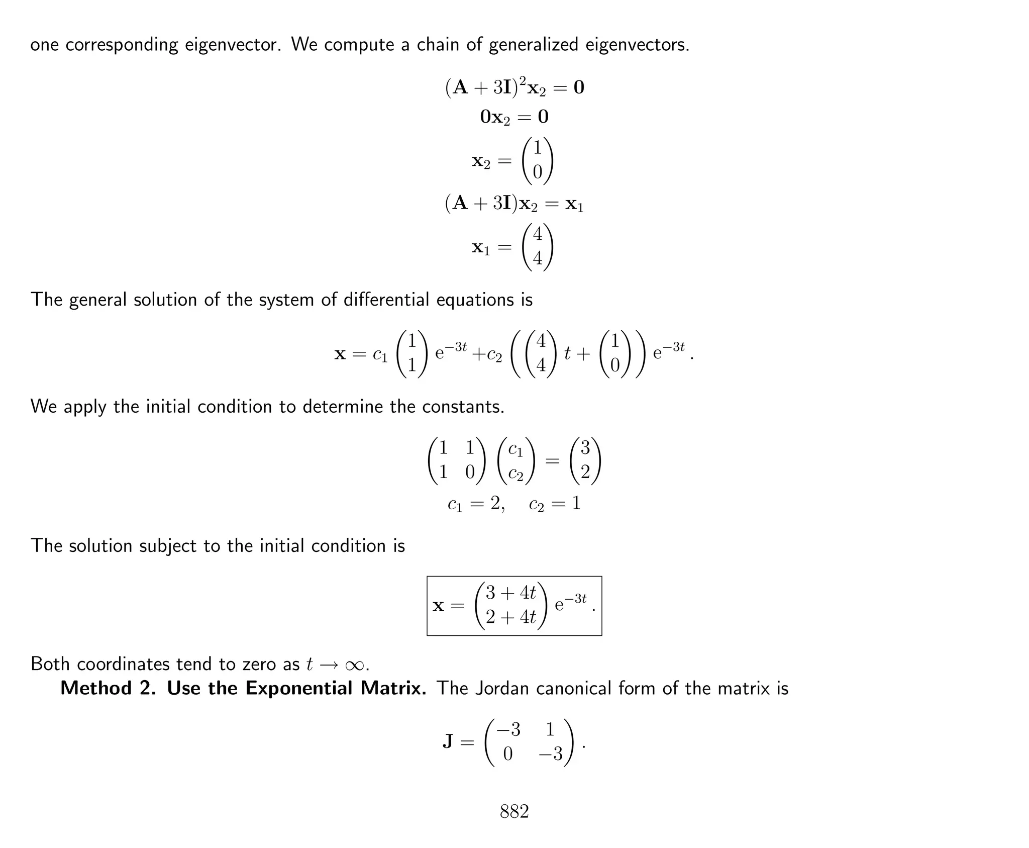 one corresponding eigenvector. We compute a chain of generalized eigenvectors.
(A + 3I)2
x2 = 0
0x2 = 0
x2 =
1
0
(A + 3I)x2 = x1
x1 =
4
4
The general solution of the system of diﬀerential equations is
x = c1
1
1
e−3t
+c2
4
4
t +
1
0
e−3t
.
We apply the initial condition to determine the constants.
1 1
1 0
c1
c2
=
3
2
c1 = 2, c2 = 1
The solution subject to the initial condition is
x =
3 + 4t
2 + 4t
e−3t
.
Both coordinates tend to zero as t → ∞.
Method 2. Use the Exponential Matrix. The Jordan canonical form of the matrix is
J =
−3 1
0 −3
.
882
 