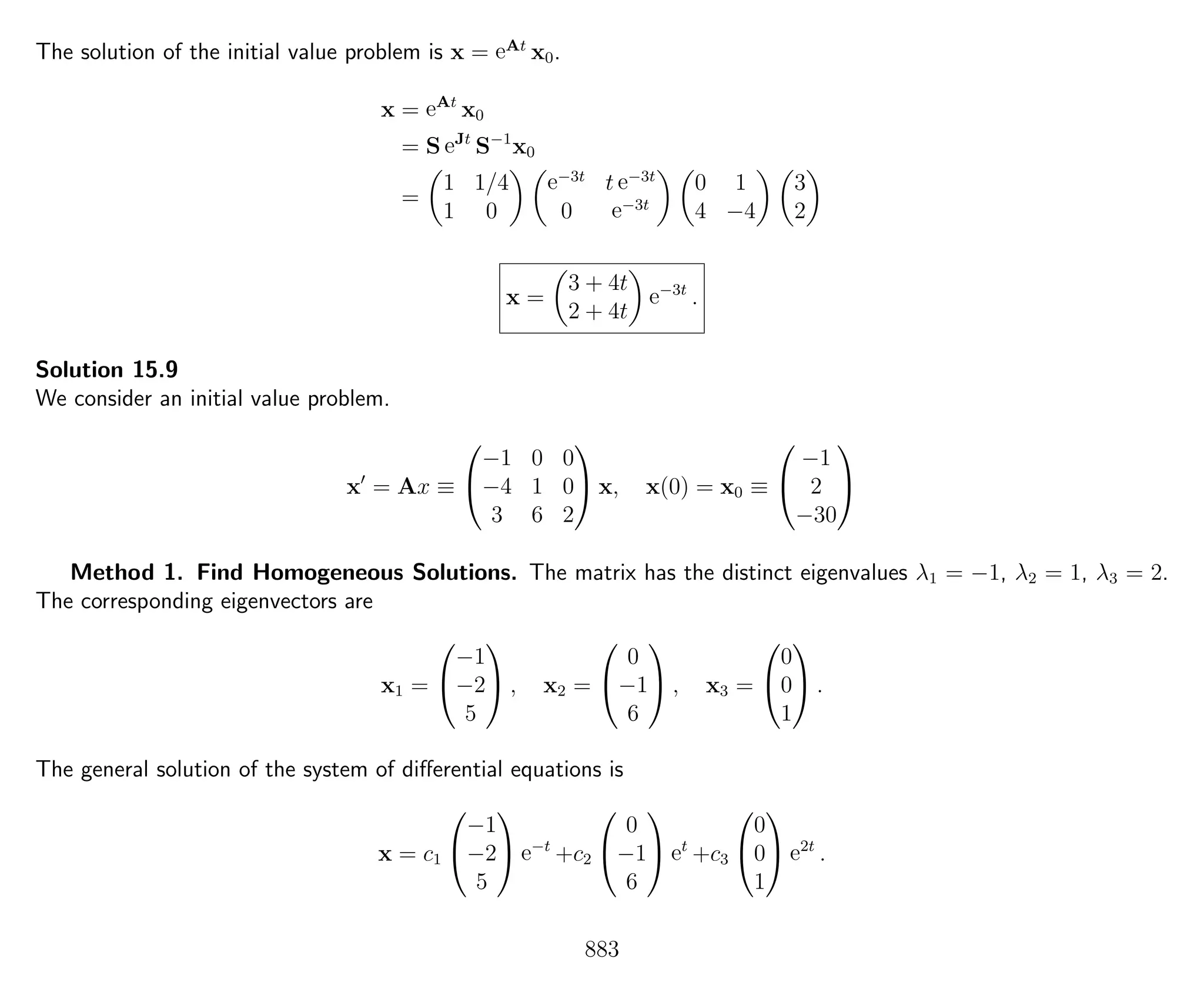 The solution of the initial value problem is x = eAt
x0.
x = eAt
x0
= S eJt
S−1
x0
=
1 1/4
1 0
e−3t
t e−3t
0 e−3t
0 1
4 −4
3
2
x =
3 + 4t
2 + 4t
e−3t
.
Solution 15.9
We consider an initial value problem.
x = Ax ≡


−1 0 0
−4 1 0
3 6 2

 x, x(0) = x0 ≡


−1
2
−30


Method 1. Find Homogeneous Solutions. The matrix has the distinct eigenvalues λ1 = −1, λ2 = 1, λ3 = 2.
The corresponding eigenvectors are
x1 =


−1
−2
5

 , x2 =


0
−1
6

 , x3 =


0
0
1

 .
The general solution of the system of diﬀerential equations is
x = c1


−1
−2
5

 e−t
+c2


0
−1
6

 et
+c3


0
0
1

 e2t
.
883
 