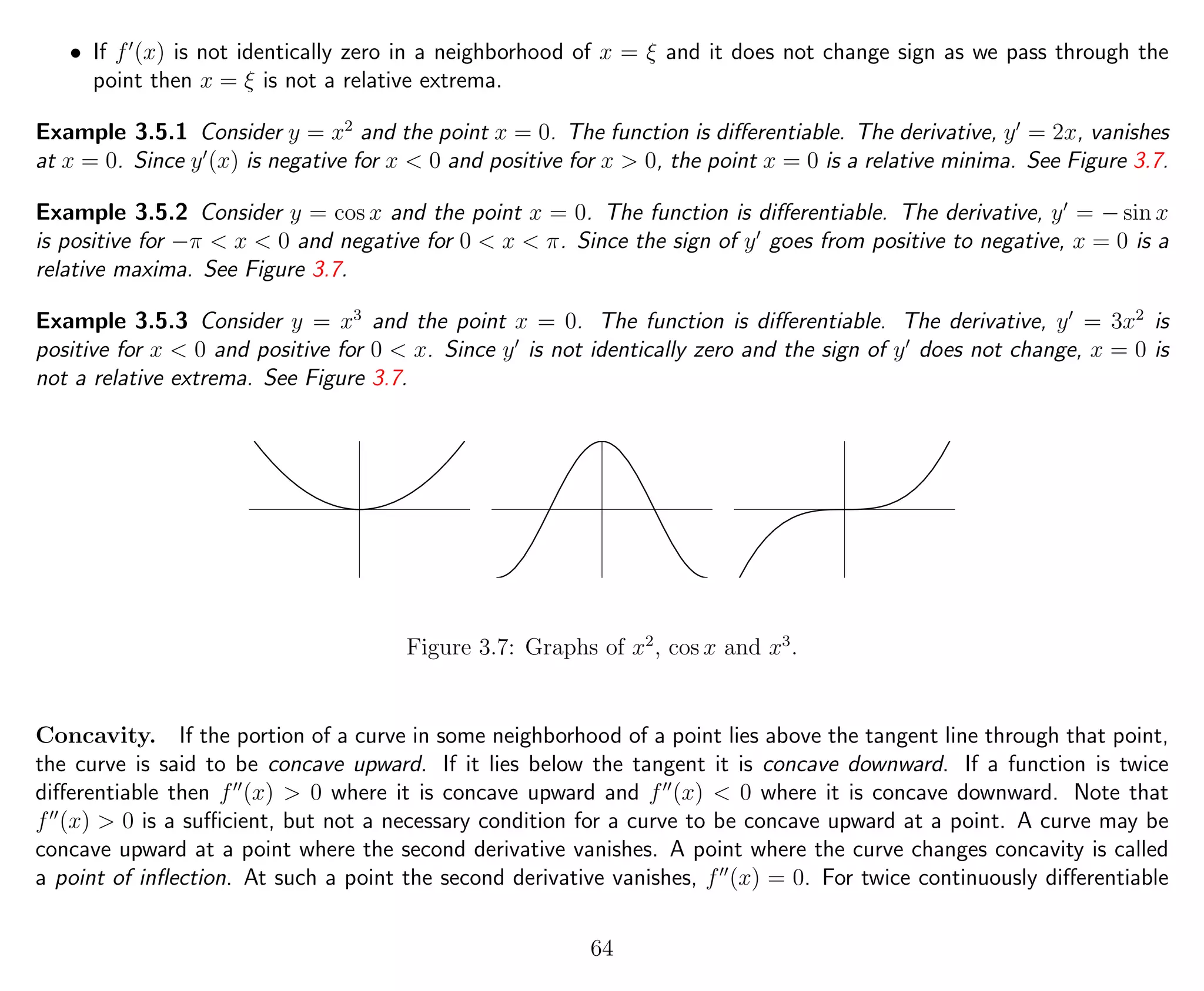 • If f (x) is not identically zero in a neighborhood of x = ξ and it does not change sign as we pass through the
point then x = ξ is not a relative extrema.
Example 3.5.1 Consider y = x2
and the point x = 0. The function is diﬀerentiable. The derivative, y = 2x, vanishes
at x = 0. Since y (x) is negative for x < 0 and positive for x > 0, the point x = 0 is a relative minima. See Figure 3.7.
Example 3.5.2 Consider y = cos x and the point x = 0. The function is diﬀerentiable. The derivative, y = − sin x
is positive for −π < x < 0 and negative for 0 < x < π. Since the sign of y goes from positive to negative, x = 0 is a
relative maxima. See Figure 3.7.
Example 3.5.3 Consider y = x3
and the point x = 0. The function is diﬀerentiable. The derivative, y = 3x2
is
positive for x < 0 and positive for 0 < x. Since y is not identically zero and the sign of y does not change, x = 0 is
not a relative extrema. See Figure 3.7.
Figure 3.7: Graphs of x2
, cos x and x3
.
Concavity. If the portion of a curve in some neighborhood of a point lies above the tangent line through that point,
the curve is said to be concave upward. If it lies below the tangent it is concave downward. If a function is twice
diﬀerentiable then f (x) > 0 where it is concave upward and f (x) < 0 where it is concave downward. Note that
f (x) > 0 is a suﬃcient, but not a necessary condition for a curve to be concave upward at a point. A curve may be
concave upward at a point where the second derivative vanishes. A point where the curve changes concavity is called
a point of inﬂection. At such a point the second derivative vanishes, f (x) = 0. For twice continuously diﬀerentiable
64
 