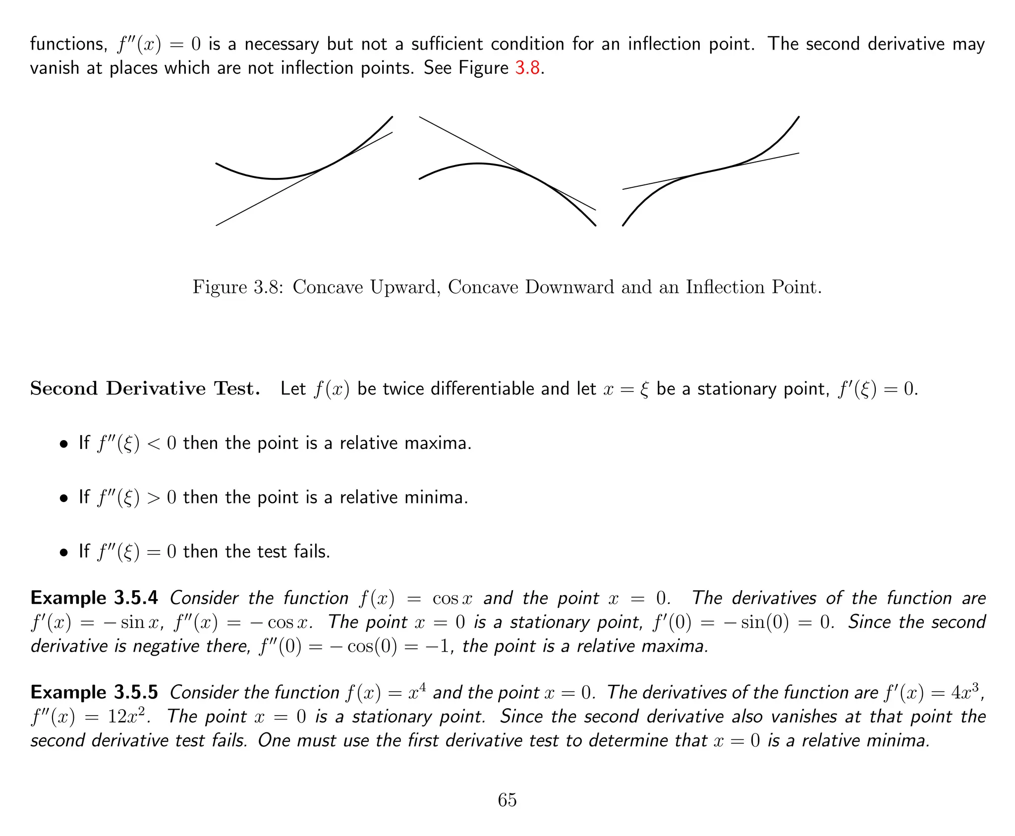 functions, f (x) = 0 is a necessary but not a suﬃcient condition for an inﬂection point. The second derivative may
vanish at places which are not inﬂection points. See Figure 3.8.
Figure 3.8: Concave Upward, Concave Downward and an Inﬂection Point.
Second Derivative Test. Let f(x) be twice diﬀerentiable and let x = ξ be a stationary point, f (ξ) = 0.
• If f (ξ) < 0 then the point is a relative maxima.
• If f (ξ) > 0 then the point is a relative minima.
• If f (ξ) = 0 then the test fails.
Example 3.5.4 Consider the function f(x) = cos x and the point x = 0. The derivatives of the function are
f (x) = − sin x, f (x) = − cos x. The point x = 0 is a stationary point, f (0) = − sin(0) = 0. Since the second
derivative is negative there, f (0) = − cos(0) = −1, the point is a relative maxima.
Example 3.5.5 Consider the function f(x) = x4
and the point x = 0. The derivatives of the function are f (x) = 4x3
,
f (x) = 12x2
. The point x = 0 is a stationary point. Since the second derivative also vanishes at that point the
second derivative test fails. One must use the ﬁrst derivative test to determine that x = 0 is a relative minima.
65
 