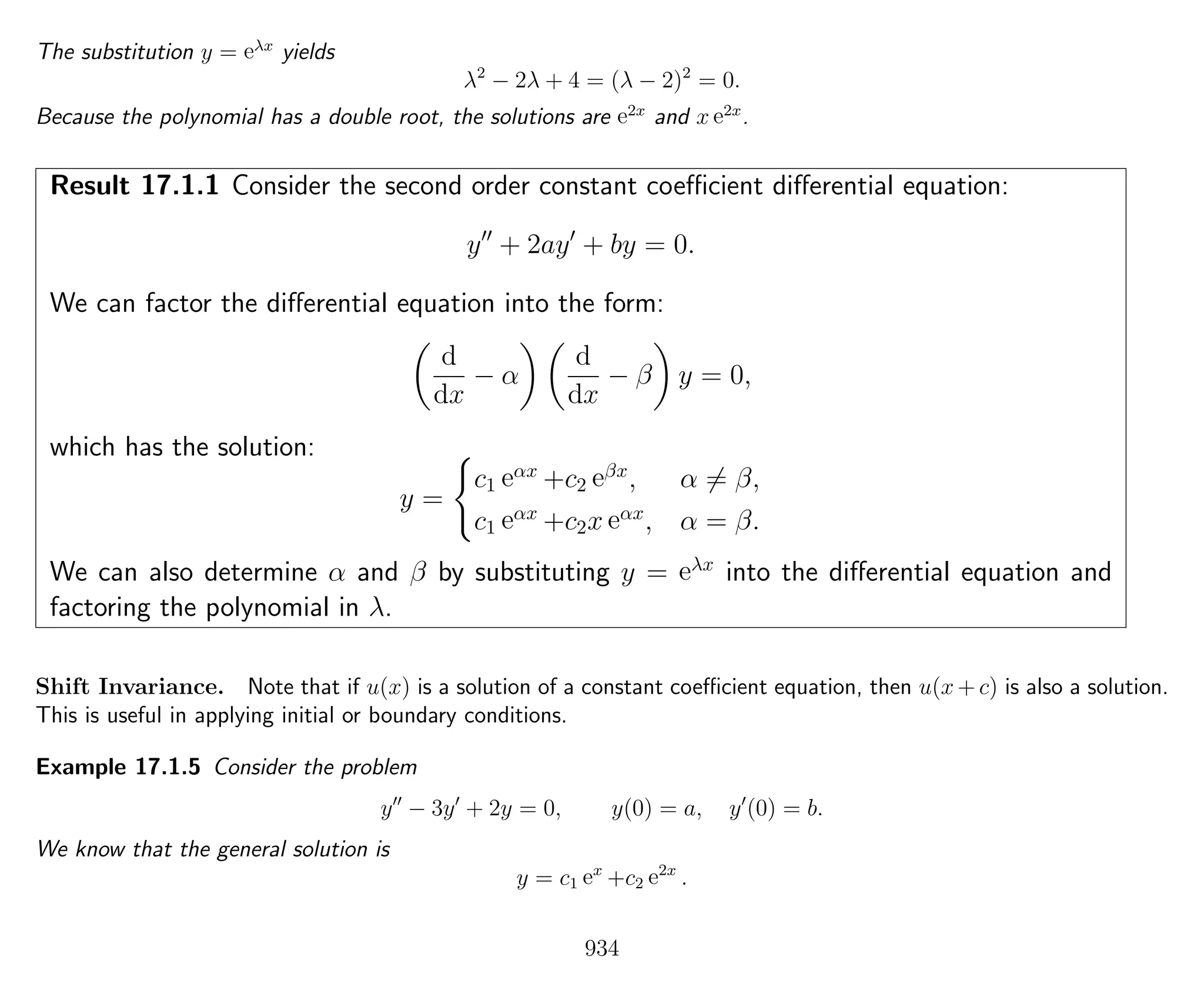 The substitution y = eλx
yields
λ2
− 2λ + 4 = (λ − 2)2
= 0.
Because the polynomial has a double root, the solutions are e2x
and x e2x
.
Result 17.1.1 Consider the second order constant coeﬃcient diﬀerential equation:
y + 2ay + by = 0.
We can factor the diﬀerential equation into the form:
d
dx
− α
d
dx
− β y = 0,
which has the solution:
y =
c1 eαx
+c2 eβx
, α = β,
c1 eαx
+c2x eαx
, α = β.
We can also determine α and β by substituting y = eλx
into the diﬀerential equation and
factoring the polynomial in λ.
Shift Invariance. Note that if u(x) is a solution of a constant coeﬃcient equation, then u(x + c) is also a solution.
This is useful in applying initial or boundary conditions.
Example 17.1.5 Consider the problem
y − 3y + 2y = 0, y(0) = a, y (0) = b.
We know that the general solution is
y = c1 ex
+c2 e2x
.
934
 