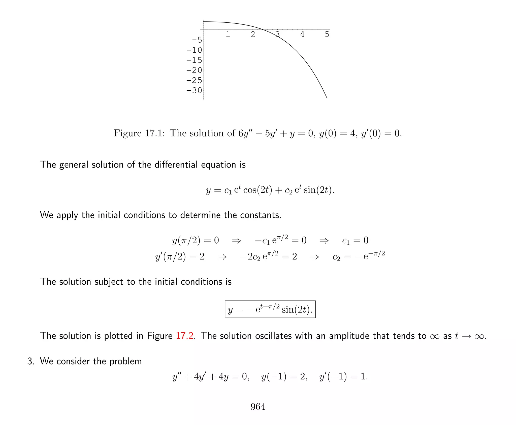 1 2 3 4 5
-30
-25
-20
-15
-10
-5
Figure 17.1: The solution of 6y − 5y + y = 0, y(0) = 4, y (0) = 0.
The general solution of the diﬀerential equation is
y = c1 et
cos(2t) + c2 et
sin(2t).
We apply the initial conditions to determine the constants.
y(π/2) = 0 ⇒ −c1 eπ/2
= 0 ⇒ c1 = 0
y (π/2) = 2 ⇒ −2c2 eπ/2
= 2 ⇒ c2 = − e−π/2
The solution subject to the initial conditions is
y = − et−π/2
sin(2t).
The solution is plotted in Figure 17.2. The solution oscillates with an amplitude that tends to ∞ as t → ∞.
3. We consider the problem
y + 4y + 4y = 0, y(−1) = 2, y (−1) = 1.
964
 