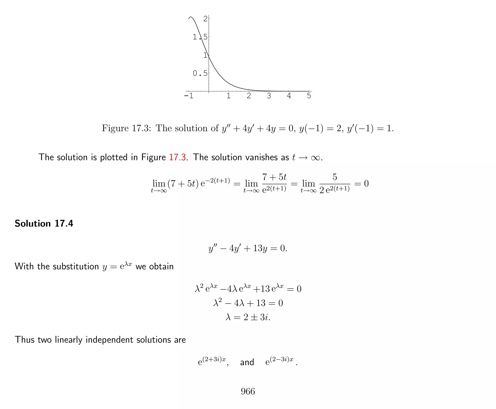 -1 1 2 3 4 5
0.5
1
1.5
2
Figure 17.3: The solution of y + 4y + 4y = 0, y(−1) = 2, y (−1) = 1.
The solution is plotted in Figure 17.3. The solution vanishes as t → ∞.
lim
t→∞
(7 + 5t) e−2(t+1)
= lim
t→∞
7 + 5t
e2(t+1)
= lim
t→∞
5
2 e2(t+1)
= 0
Solution 17.4
y − 4y + 13y = 0.
With the substitution y = eλx
we obtain
λ2
eλx
−4λ eλx
+13 eλx
= 0
λ2
− 4λ + 13 = 0
λ = 2 ± 3i.
Thus two linearly independent solutions are
e(2+3i)x
, and e(2−3i)x
.
966
 