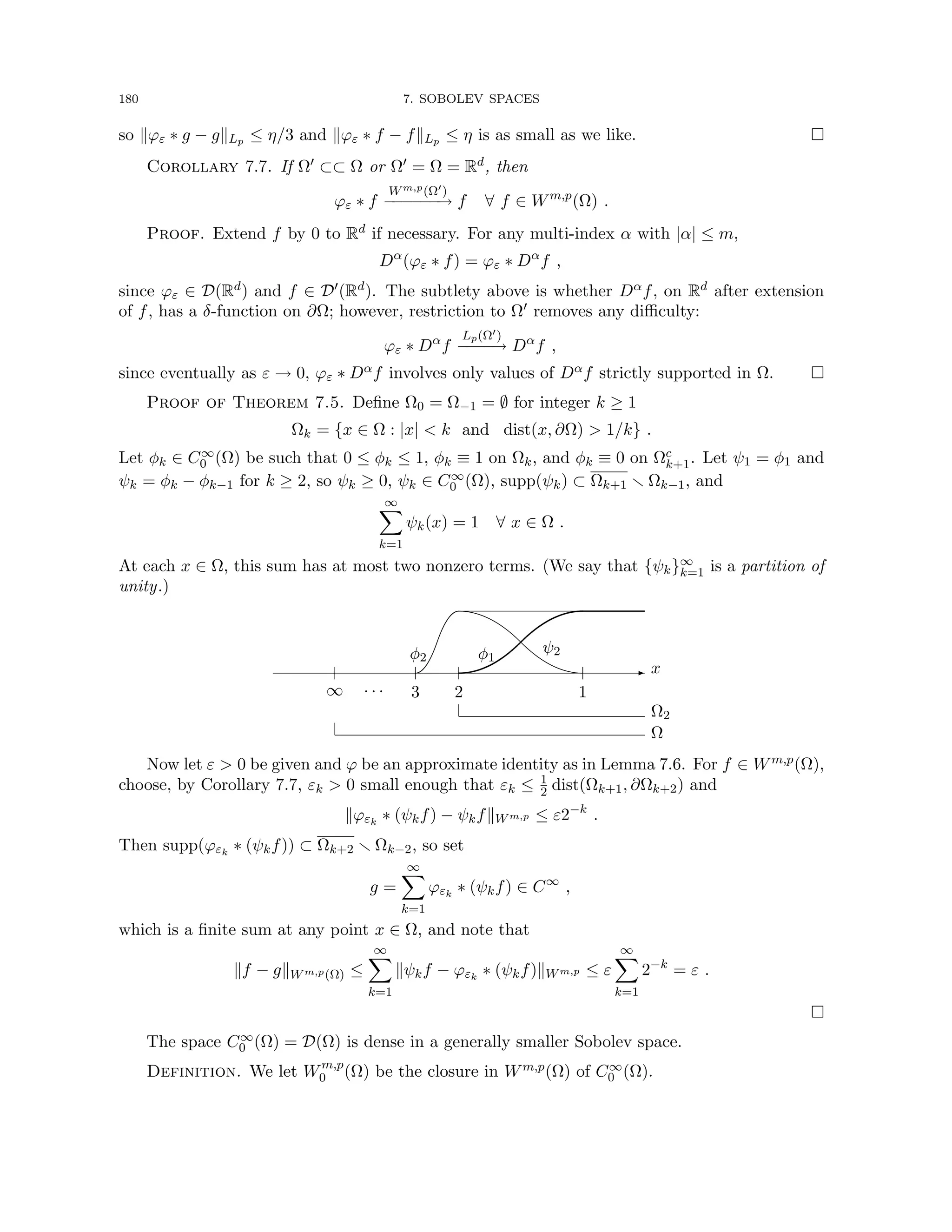 180 7. SOBOLEV SPACES
so kϕε ∗ g − gkLp ≤ η/3 and kϕε ∗ f − fkLp ≤ η is as small as we like. 
Corollary 7.7. If Ω0 ⊂⊂ Ω or Ω0 = Ω = Rd, then
ϕε ∗ f
Wm,p(Ω0)
−
−
−
−
−
−
→ f ∀ f ∈ Wm,p
(Ω) .
Proof. Extend f by 0 to Rd if necessary. For any multi-index α with |α| ≤ m,
Dα
(ϕε ∗ f) = ϕε ∗ Dα
f ,
since ϕε ∈ D(Rd) and f ∈ D0(Rd). The subtlety above is whether Dαf, on Rd after extension
of f, has a δ-function on ∂Ω; however, restriction to Ω0 removes any difficulty:
ϕε ∗ Dα
f
Lp(Ω0)
−
−
−
−
→ Dα
f ,
since eventually as ε → 0, ϕε ∗ Dαf involves only values of Dαf strictly supported in Ω. 
Proof of Theorem 7.5. Define Ω0 = Ω−1 = ∅ for integer k ≥ 1
Ωk = {x ∈ Ω : |x|  k and dist(x, ∂Ω)  1/k} .
Let φk ∈ C∞
0 (Ω) be such that 0 ≤ φk ≤ 1, φk ≡ 1 on Ωk, and φk ≡ 0 on Ωc
k+1. Let ψ1 = φ1 and
ψk = φk − φk−1 for k ≥ 2, so ψk ≥ 0, ψk ∈ C∞
0 (Ω), supp(ψk) ⊂ Ωk+1 r Ωk−1, and
∞
X
k=1
ψk(x) = 1 ∀ x ∈ Ω .
At each x ∈ Ω, this sum has at most two nonzero terms. (We say that {ψk}∞
k=1 is a partition of
unity.)
- x
∞ 3 2 1
· · ·
φ2 φ1
ψ2
Ω2
Ω
Now let ε  0 be given and ϕ be an approximate identity as in Lemma 7.6. For f ∈ Wm,p(Ω),
choose, by Corollary 7.7, εk  0 small enough that εk ≤ 1
2 dist(Ωk+1, ∂Ωk+2) and
kϕεk
∗ (ψkf) − ψkfkWm,p ≤ ε2−k
.
Then supp(ϕεk
∗ (ψkf)) ⊂ Ωk+2 r Ωk−2, so set
g =
∞
X
k=1
ϕεk
∗ (ψkf) ∈ C∞
,
which is a finite sum at any point x ∈ Ω, and note that
kf − gkWm,p(Ω) ≤
∞
X
k=1
kψkf − ϕεk
∗ (ψkf)kWm,p ≤ ε
∞
X
k=1
2−k
= ε .

The space C∞
0 (Ω) = D(Ω) is dense in a generally smaller Sobolev space.
Definition. We let Wm,p
0 (Ω) be the closure in Wm,p(Ω) of C∞
0 (Ω).
 