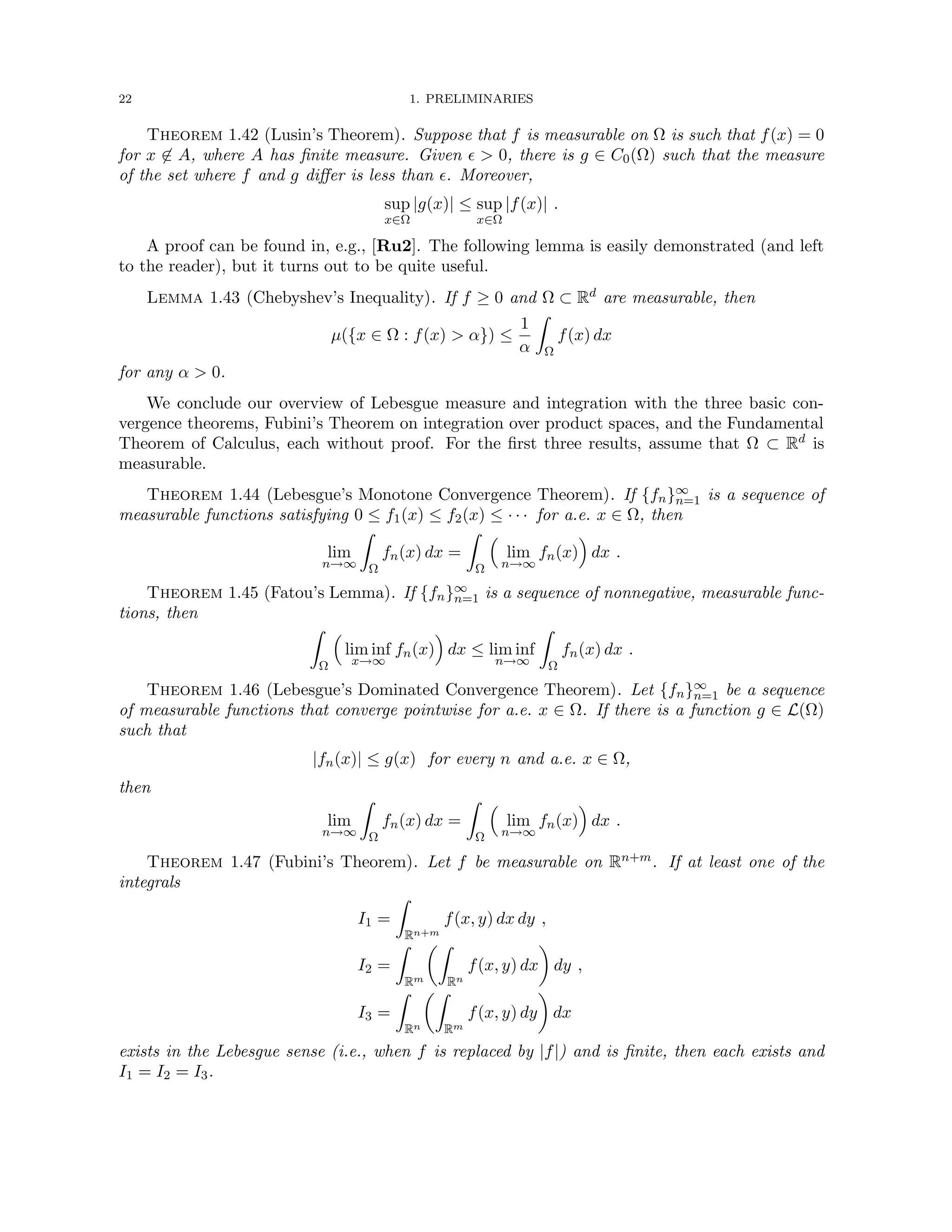 22 1. PRELIMINARIES
Theorem 1.42 (Lusin’s Theorem). Suppose that f is measurable on Ω is such that f(x) = 0
for x 6∈ A, where A has finite measure. Given   0, there is g ∈ C0(Ω) such that the measure
of the set where f and g differ is less than . Moreover,
sup
x∈Ω
|g(x)| ≤ sup
x∈Ω
|f(x)| .
A proof can be found in, e.g., [Ru2]. The following lemma is easily demonstrated (and left
to the reader), but it turns out to be quite useful.
Lemma 1.43 (Chebyshev’s Inequality). If f ≥ 0 and Ω ⊂ Rd are measurable, then
µ({x ∈ Ω : f(x)  α}) ≤
1
α
Z
Ω
f(x) dx
for any α  0.
We conclude our overview of Lebesgue measure and integration with the three basic con-
vergence theorems, Fubini’s Theorem on integration over product spaces, and the Fundamental
Theorem of Calculus, each without proof. For the first three results, assume that Ω ⊂ Rd is
measurable.
Theorem 1.44 (Lebesgue’s Monotone Convergence Theorem). If {fn}∞
n=1 is a sequence of
measurable functions satisfying 0 ≤ f1(x) ≤ f2(x) ≤ · · · for a.e. x ∈ Ω, then
lim
n→∞
Z
Ω
fn(x) dx =
Z
Ω

lim
n→∞
fn(x)

dx .
Theorem 1.45 (Fatou’s Lemma). If {fn}∞
n=1 is a sequence of nonnegative, measurable func-
tions, then
Z
Ω

lim inf
x→∞
fn(x)

dx ≤ lim inf
n→∞
Z
Ω
fn(x) dx .
Theorem 1.46 (Lebesgue’s Dominated Convergence Theorem). Let {fn}∞
n=1 be a sequence
of measurable functions that converge pointwise for a.e. x ∈ Ω. If there is a function g ∈ L(Ω)
such that
|fn(x)| ≤ g(x) for every n and a.e. x ∈ Ω,
then
lim
n→∞
Z
Ω
fn(x) dx =
Z
Ω

lim
n→∞
fn(x)

dx .
Theorem 1.47 (Fubini’s Theorem). Let f be measurable on Rn+m. If at least one of the
integrals
I1 =
Z
Rn+m
f(x, y) dx dy ,
I2 =
Z
Rm
Z
Rn
f(x, y) dx

dy ,
I3 =
Z
Rn
Z
Rm
f(x, y) dy

dx
exists in the Lebesgue sense (i.e., when f is replaced by |f|) and is finite, then each exists and
I1 = I2 = I3.
 