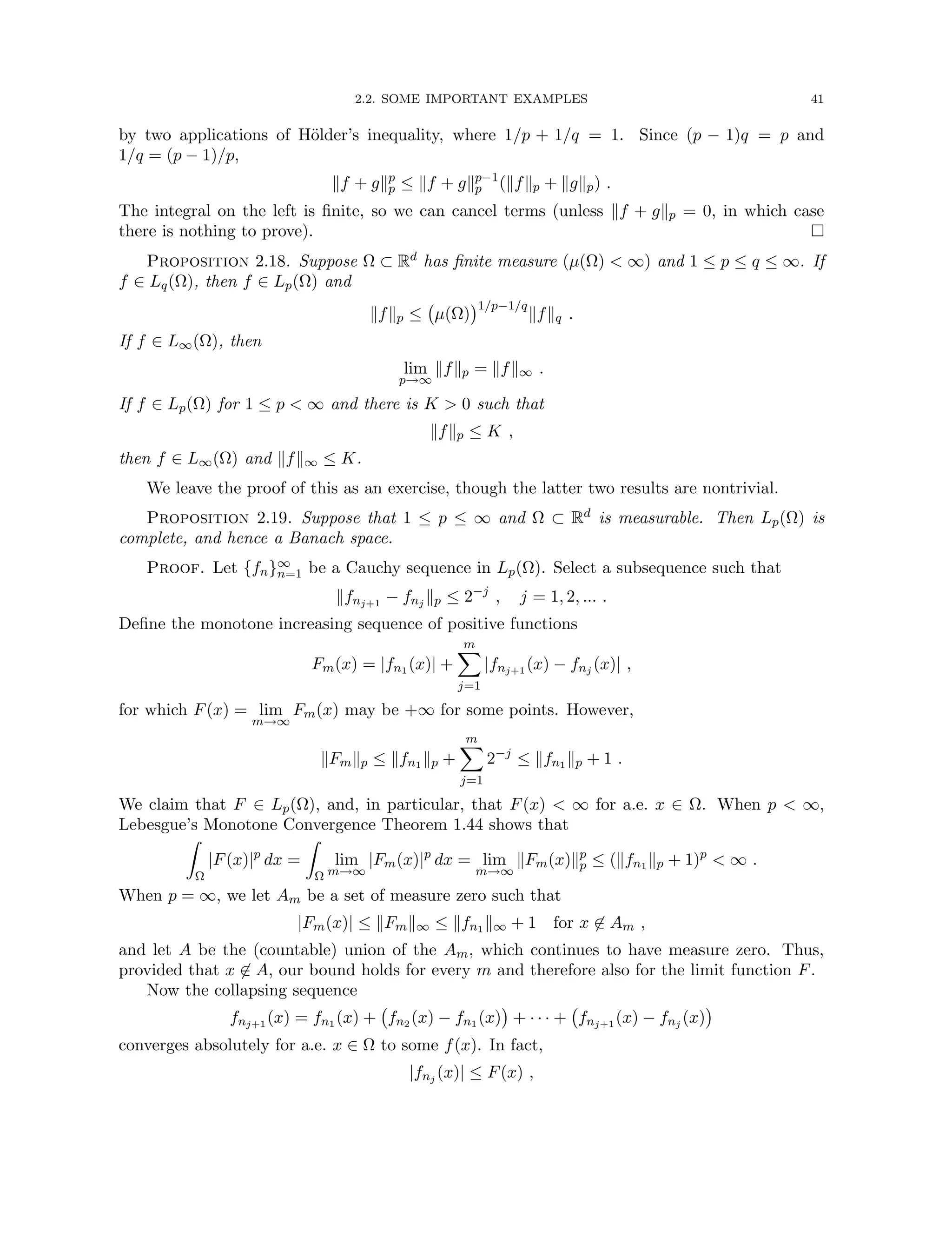 2.2. SOME IMPORTANT EXAMPLES 41
by two applications of Hölder’s inequality, where 1/p + 1/q = 1. Since (p − 1)q = p and
1/q = (p − 1)/p,
kf + gkp
p ≤ kf + gkp−1
p (kfkp + kgkp) .
The integral on the left is finite, so we can cancel terms (unless kf + gkp = 0, in which case
there is nothing to prove). 
Proposition 2.18. Suppose Ω ⊂ Rd has finite measure (µ(Ω)  ∞) and 1 ≤ p ≤ q ≤ ∞. If
f ∈ Lq(Ω), then f ∈ Lp(Ω) and
kfkp ≤ µ(Ω)
1/p−1/q
kfkq .
If f ∈ L∞(Ω), then
lim
p→∞
kfkp = kfk∞ .
If f ∈ Lp(Ω) for 1 ≤ p  ∞ and there is K  0 such that
kfkp ≤ K ,
then f ∈ L∞(Ω) and kfk∞ ≤ K.
We leave the proof of this as an exercise, though the latter two results are nontrivial.
Proposition 2.19. Suppose that 1 ≤ p ≤ ∞ and Ω ⊂ Rd is measurable. Then Lp(Ω) is
complete, and hence a Banach space.
Proof. Let {fn}∞
n=1 be a Cauchy sequence in Lp(Ω). Select a subsequence such that
kfnj+1 − fnj kp ≤ 2−j
, j = 1, 2, ... .
Define the monotone increasing sequence of positive functions
Fm(x) = |fn1 (x)| +
m
X
j=1
|fnj+1 (x) − fnj (x)| ,
for which F(x) = lim
m→∞
Fm(x) may be +∞ for some points. However,
kFmkp ≤ kfn1 kp +
m
X
j=1
2−j
≤ kfn1 kp + 1 .
We claim that F ∈ Lp(Ω), and, in particular, that F(x)  ∞ for a.e. x ∈ Ω. When p  ∞,
Lebesgue’s Monotone Convergence Theorem 1.44 shows that
Z
Ω
|F(x)|p
dx =
Z
Ω
lim
m→∞
|Fm(x)|p
dx = lim
m→∞
kFm(x)kp
p ≤ (kfn1 kp + 1)p
 ∞ .
When p = ∞, we let Am be a set of measure zero such that
|Fm(x)| ≤ kFmk∞ ≤ kfn1 k∞ + 1 for x 6∈ Am ,
and let A be the (countable) union of the Am, which continues to have measure zero. Thus,
provided that x 6∈ A, our bound holds for every m and therefore also for the limit function F.
Now the collapsing sequence
fnj+1 (x) = fn1 (x) + fn2 (x) − fn1 (x)

+ · · · + fnj+1 (x) − fnj (x)

converges absolutely for a.e. x ∈ Ω to some f(x). In fact,
|fnj (x)| ≤ F(x) ,
 