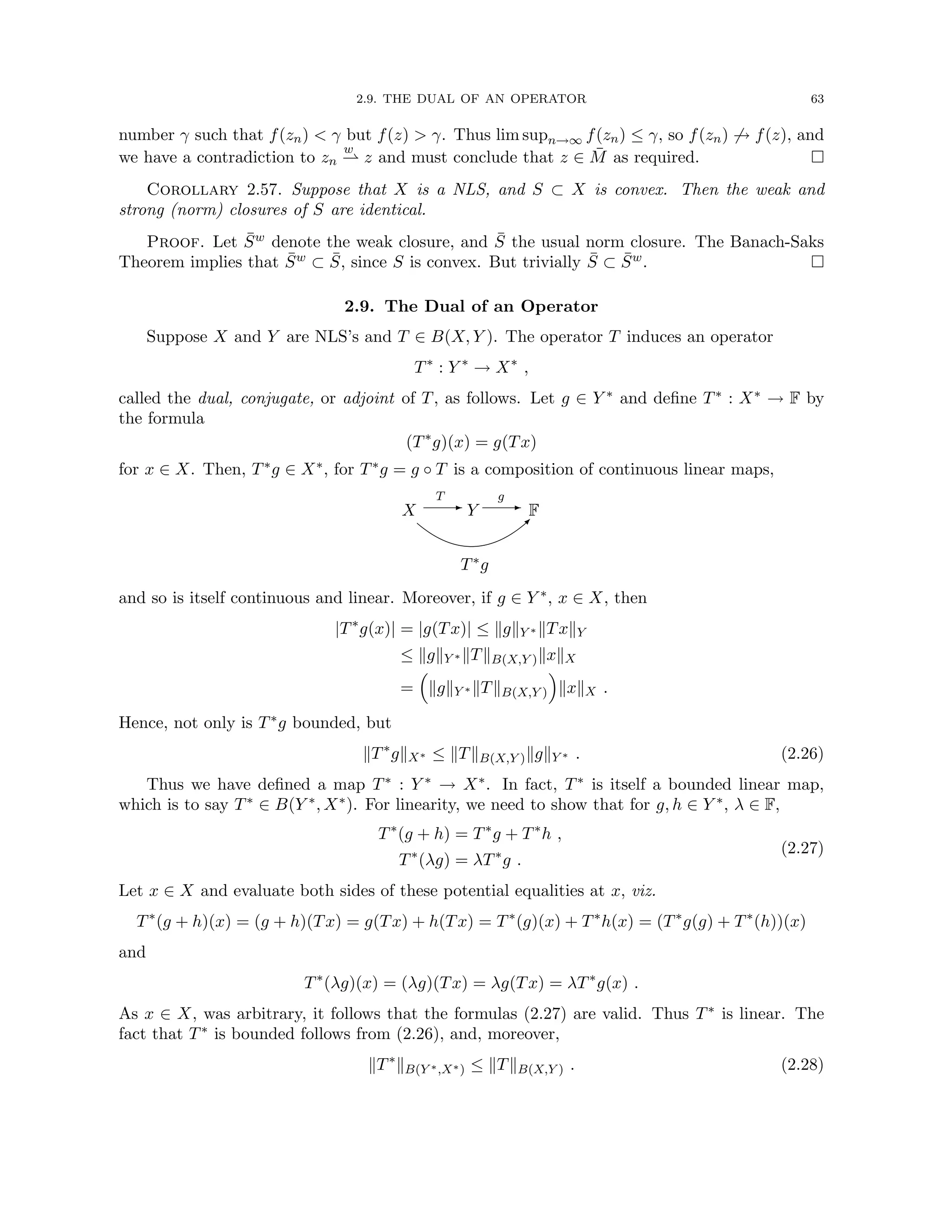 2.9. THE DUAL OF AN OPERATOR 63
number γ such that f(zn)  γ but f(z)  γ. Thus lim supn→∞ f(zn) ≤ γ, so f(zn) 6→ f(z), and
we have a contradiction to zn
w
* z and must conclude that z ∈ M̄ as required. 
Corollary 2.57. Suppose that X is a NLS, and S ⊂ X is convex. Then the weak and
strong (norm) closures of S are identical.
Proof. Let S̄w denote the weak closure, and S̄ the usual norm closure. The Banach-Saks
Theorem implies that S̄w ⊂ S̄, since S is convex. But trivially S̄ ⊂ S̄w. 
2.9. The Dual of an Operator
Suppose X and Y are NLS’s and T ∈ B(X, Y ). The operator T induces an operator
T∗
: Y ∗
→ X∗
,
called the dual, conjugate, or adjoint of T, as follows. Let g ∈ Y ∗ and define T∗ : X∗ → F by
the formula
(T∗
g)(x) = g(Tx)
for x ∈ X. Then, T∗g ∈ X∗, for T∗g = g ◦ T is a composition of continuous linear maps,
T g
- -
X Y F

T∗g
and so is itself continuous and linear. Moreover, if g ∈ Y ∗, x ∈ X, then
|T∗
g(x)| = |g(Tx)| ≤ kgkY ∗ kTxkY
≤ kgkY ∗ kTkB(X,Y )kxkX
=

kgkY ∗ kTkB(X,Y )

kxkX .
Hence, not only is T∗g bounded, but
kT∗
gkX∗ ≤ kTkB(X,Y )kgkY ∗ . (2.26)
Thus we have defined a map T∗ : Y ∗ → X∗. In fact, T∗ is itself a bounded linear map,
which is to say T∗ ∈ B(Y ∗, X∗). For linearity, we need to show that for g, h ∈ Y ∗, λ ∈ F,
T∗
(g + h) = T∗
g + T∗
h ,
T∗
(λg) = λT∗
g .
(2.27)
Let x ∈ X and evaluate both sides of these potential equalities at x, viz.
T∗
(g + h)(x) = (g + h)(Tx) = g(Tx) + h(Tx) = T∗
(g)(x) + T∗
h(x) = (T∗
g(g) + T∗
(h))(x)
and
T∗
(λg)(x) = (λg)(Tx) = λg(Tx) = λT∗
g(x) .
As x ∈ X, was arbitrary, it follows that the formulas (2.27) are valid. Thus T∗ is linear. The
fact that T∗ is bounded follows from (2.26), and, moreover,
kT∗
kB(Y ∗,X∗) ≤ kTkB(X,Y ) . (2.28)
 