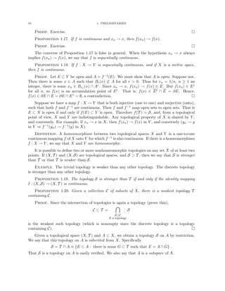 10 1. PRELIMINARIES
Proof. Exercise. 
Proposition 1.17. If f is continuous and xn → x, then f(xn) → f(x).
Proof. Exercise. 
The converse of Proposition 1.17 is false in general. When the hypothesis xn → x always
implies f(xn) → f(x), we say that f is sequentially continuous.
Proposition 1.18. If f : X → Y is sequentially continuous, and if X is a metric space,
then f is continuous.
Proof. Let E ⊂ Y be open and A = f−1(E). We must show that A is open. Suppose not.
Then there is some x ∈ A such that Br(x) 6⊂ A for all r  0. Thus for rn = 1/n, n ≥ 1 an
integer, there is some xn ∈ Brn (x) ∩ Ac. Since xn → x, f(xn) → f(x) ∈ E. But f(xn) ∈ Ec
for all n, so f(x) is an accumulation point of Ec. That is, f(x) ∈ Ec ∩ E = ∂E. Hence,
f(x) ∈ ∂E ∩ E = ∂E ∩ E◦ = ∅, a contradiction. 
Suppose we have a map f : X → Y that is both injective (one to one) and surjective (onto),
such that both f and f−1 are continuous. Then f and f−1 map open sets to open sets. That is
E ⊂ X is open if and only if f(E) ⊂ Y is open. Therefore f(T ) = S, and, from a topological
point of view, X and Y are indistinguishable. Any topological property of X is shared by Y ,
and conversely. For example, if xn → x in X, then f(xn) → f(x) in Y , and conversely (yn → y
in Y ⇒ f−1(yn) → f−1(y) in X).
Definition. A homeomorphism between two topological spaces X and Y is a one-to-one
continuous mapping f of X onto Y for which f−1 is also continuous. If there is a homeomorphism
f : X → Y , we say that X and Y are homeomorphic.
It is possible to define two or more nonhomeomorphic topologies on any set X of at least two
points. If (X, T ) and (X, S) are topological spaces, and S ⊃ T , then we say that S is stronger
than T or that T is weaker than S.
Example. The trivial topology is weaker than any other topology. The discrete topology
is stronger than any other topology.
Proposition 1.19. The topology S is stronger than T if and only if the identity mapping
I : (X, S) → (X, T ) is continuous.
Proposition 1.20. Given a collection C of subsets of X, there is a weakest topology T
containing C.
Proof. Since the intersection of topologies is again a topology (prove this),
C ⊂ T =

S⊇C
S a topology
S
is the weakest such topology (which is nonempty since the discrete topology is a topology
containing C). 
Given a topological space (X, T ) and A ⊂ X, we obtain a topology S on A by restriction.
We say that this topology on A is inherited from X. Specifically
S = T ∩ A ≡ {E ⊂ A : there is some G ⊂ T such that E = A ∩ G} .
That S is a topology on A is easily verified. We also say that A is a subspace of X.
 