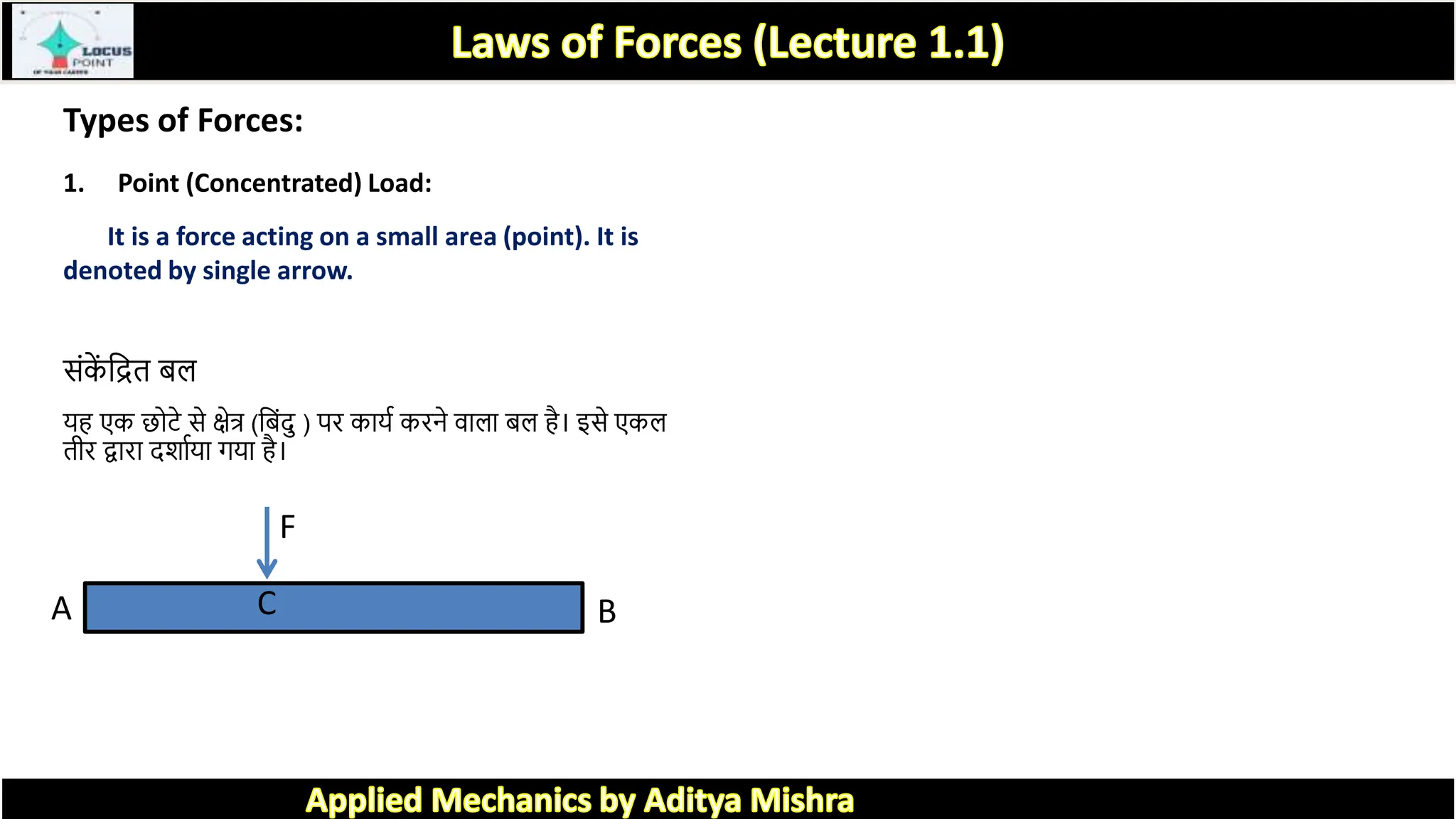 Types of Forces:
1. Point (Concentrated) Load:
It is a force acting on a small area (point). It is
denoted by single arrow.
सांक
ें त्रद्रि बल
यह एक छोटे से क्षेि (त्रबांदु ) पर क यक करने व ल बल है। इसे एकल
िीर द्व र दर् कय गय है।
A B
C
F
 