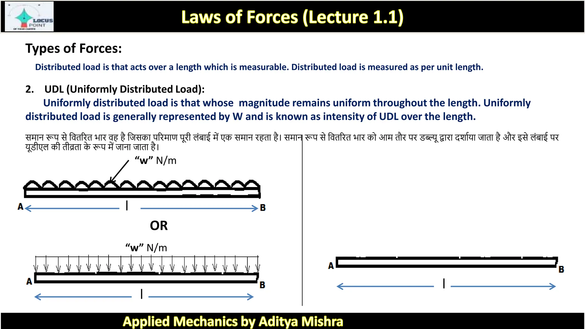 Types of Forces:
2. UDL (Uniformly Distributed Load):
Uniformly distributed load is that whose magnitude remains uniform throughout the length. Uniformly
distributed load is generally represented by W and is known as intensity of UDL over the length.
सम न रूप से त्रविररि भ र वह है त्रजसक पररम ण पूरी लांब ई में एक सम न रहि है। सम न रूप से त्रविररि भ र को आम िौर पर डब्ल्यू द्व र दर् कय ज ि है और इसे लांब ई पर
यूडीएल की िीव्रि क
े रूप में ज न ज ि है।
Distributed load is that acts over a length which is measurable. Distributed load is measured as per unit length.
“w” N/m
“w” N/m
l
l
OR
l
 