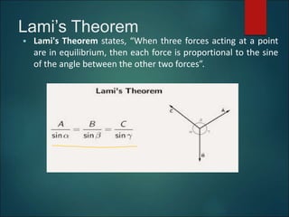 Lami’s Theorem
 Lami's Theorem states, “When three forces acting at a point
are in equilibrium, then each force is proportional to the sine
of the angle between the other two forces”.
 