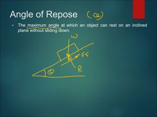 Angle of Repose
 The maximum angle at which an object can rest on an inclined
plane without sliding down.
 