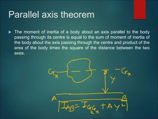 Parallel axis theorem
 The moment of inertia of a body about an axis parallel to the body
passing through its centre is equal to the sum of moment of inertia of
the body about the axis passing through the centre and product of the
area of the body times the square of the distance between the two
axes.
 