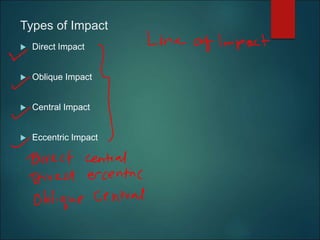 Types of Impact
 Direct Impact
 Oblique Impact
 Central Impact
 Eccentric Impact
 