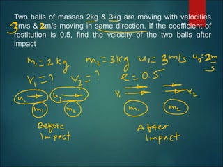 Two balls of masses 2kg & 3kg are moving with velocities
2m/s & 3m/s moving in same direction. If the coefficient of
restitution is 0.5, find the velocity of the two balls after
impact
 